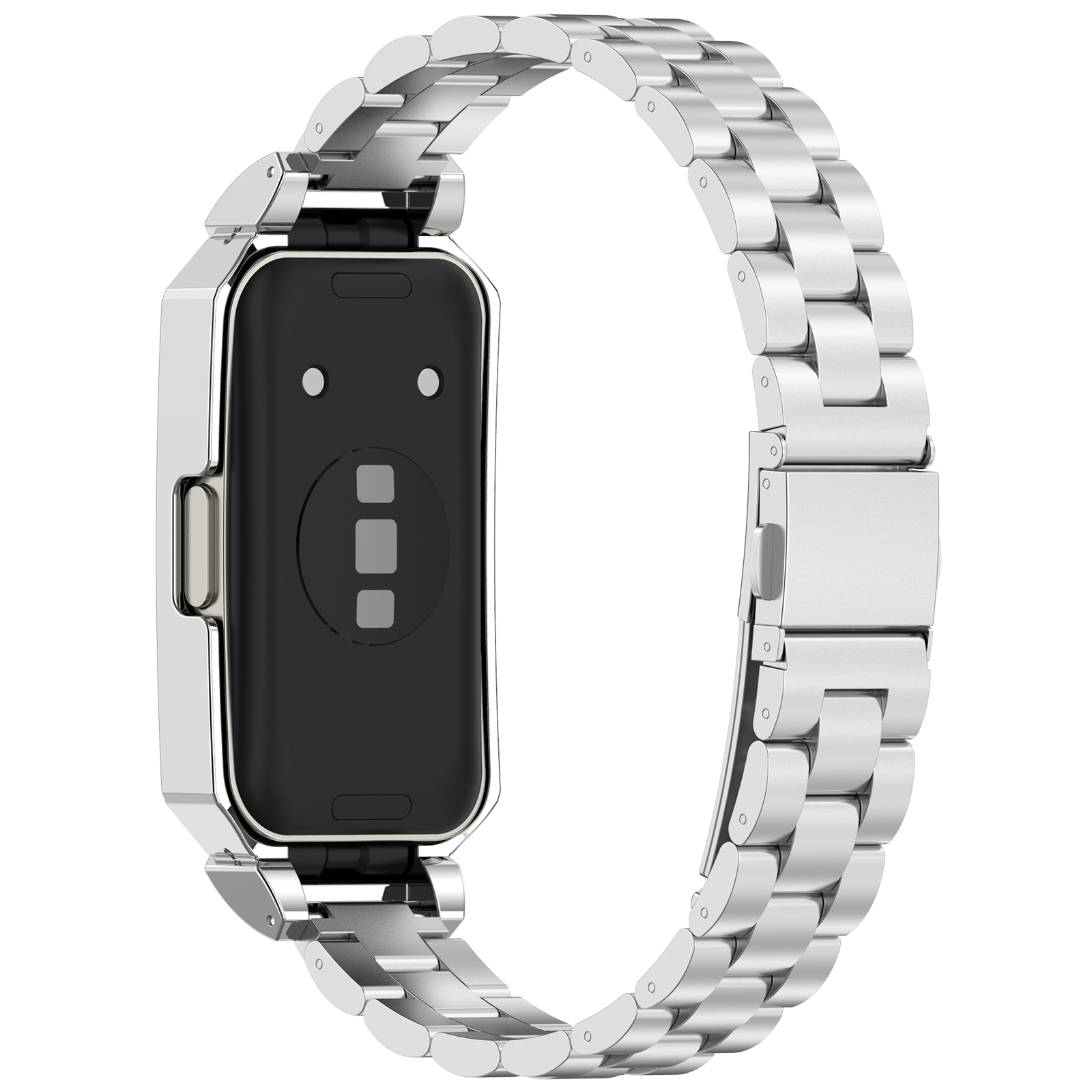 Smartwatch-Armband. Silbernes Metall. Schwarze Rückseite. Weißer Hintergrund. Verbunden.
