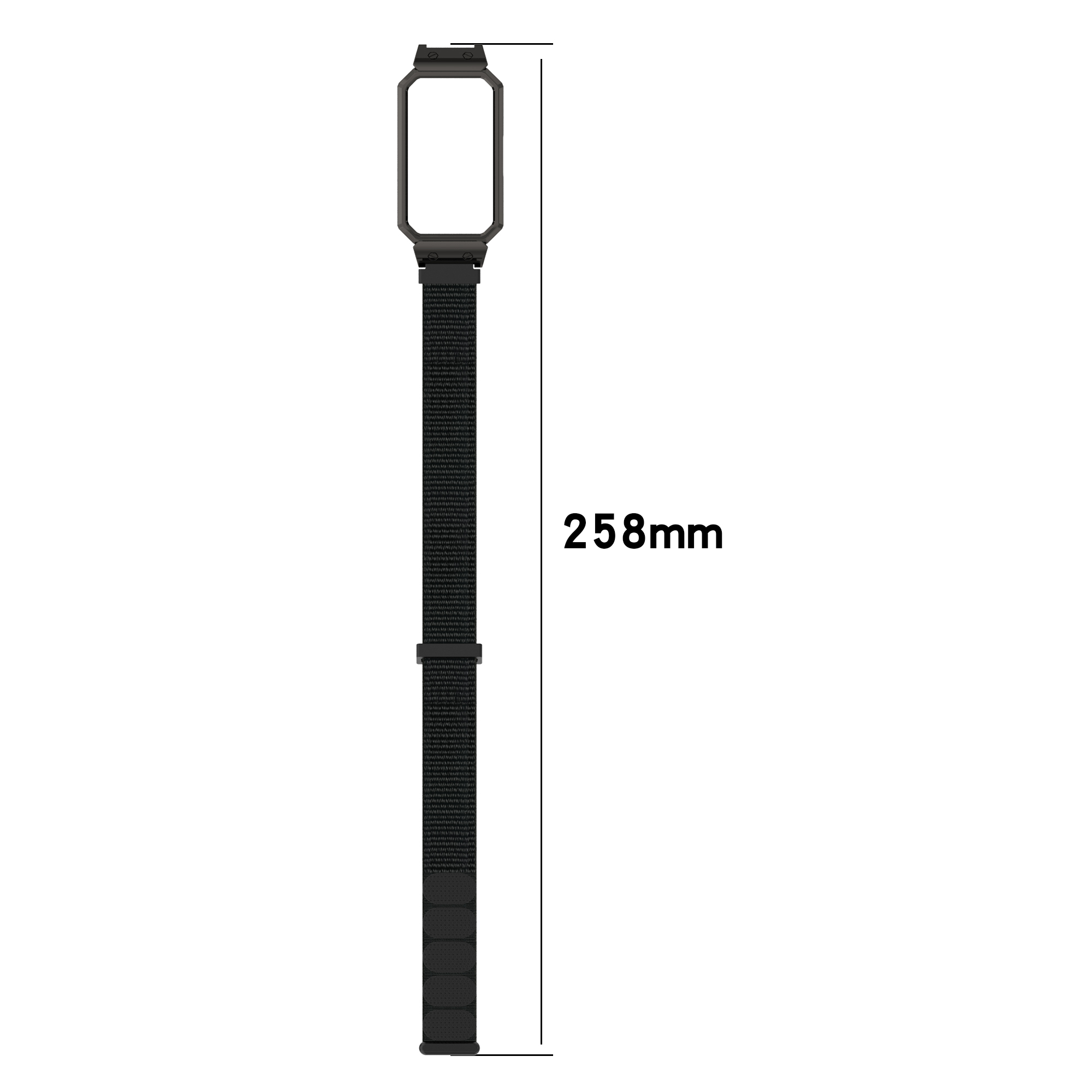 Cinturino per smartwatch nero piatto. Un telaio rettangolare nero in alto. Il cinturino è lungo 258 mm.