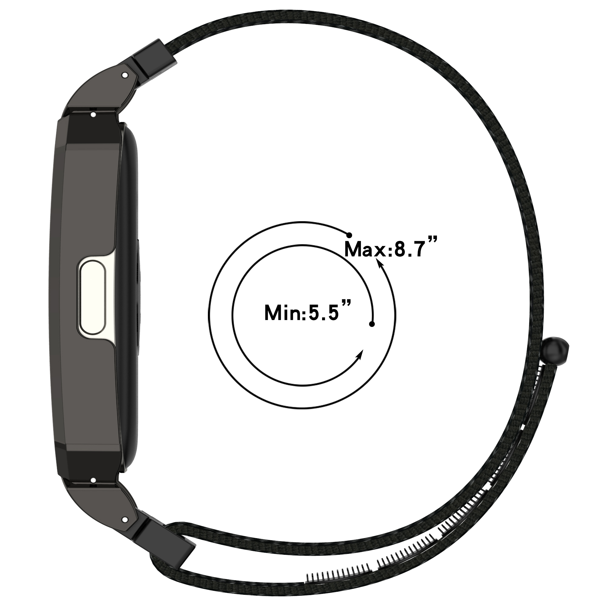 Tracker di fitness nero con cinturino nero. Il cinturino viene misurato per mostrare la taglia.