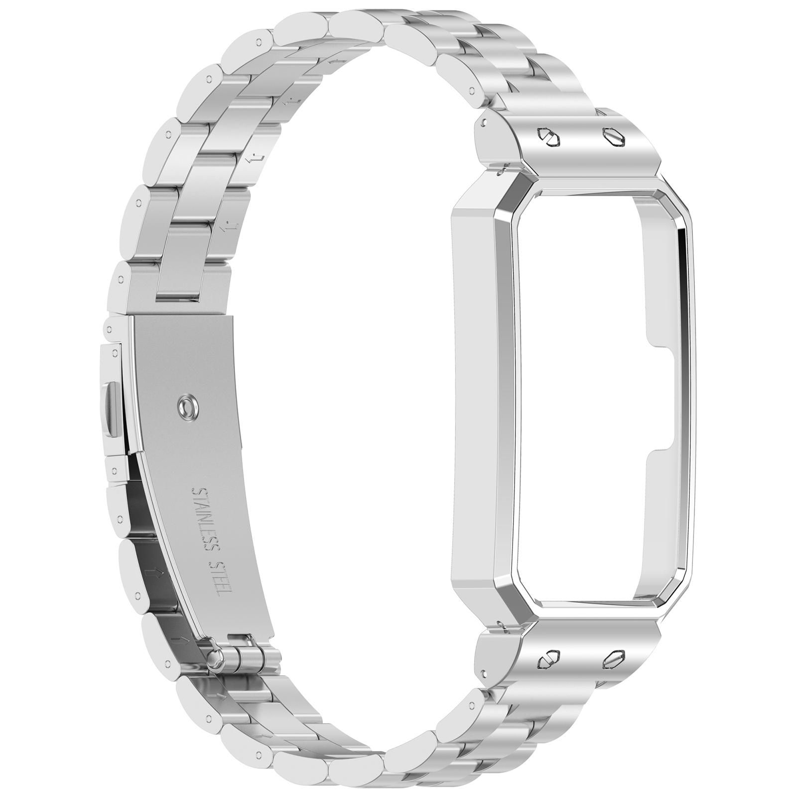 Silbernes Uhrenarmband, Edelstahl. Es ist unbefestigt und hat eine rechteckige Form.