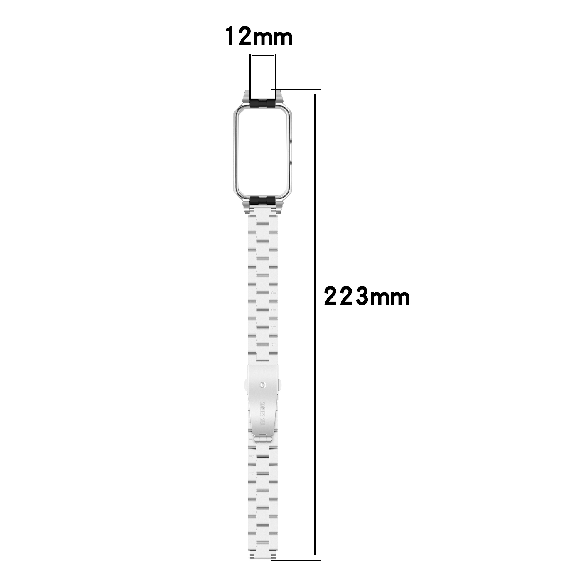 Ein weißes Uhrenarmband mit angegebenen Abmessungen. Das Armband ist 223 mm lang und 12 mm breit.