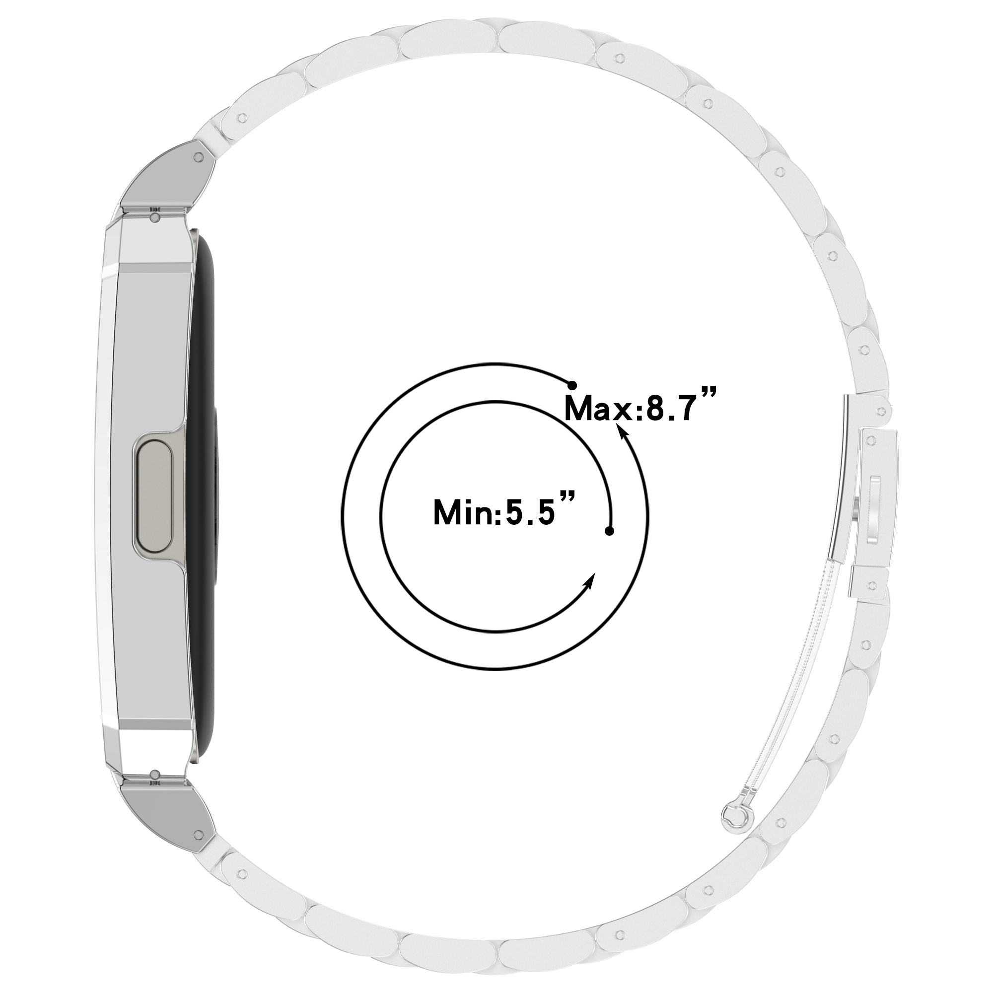 Silberne Uhr mit Armband, Seitenansicht. Max. und min. Größe durch Kreis angezeigt.