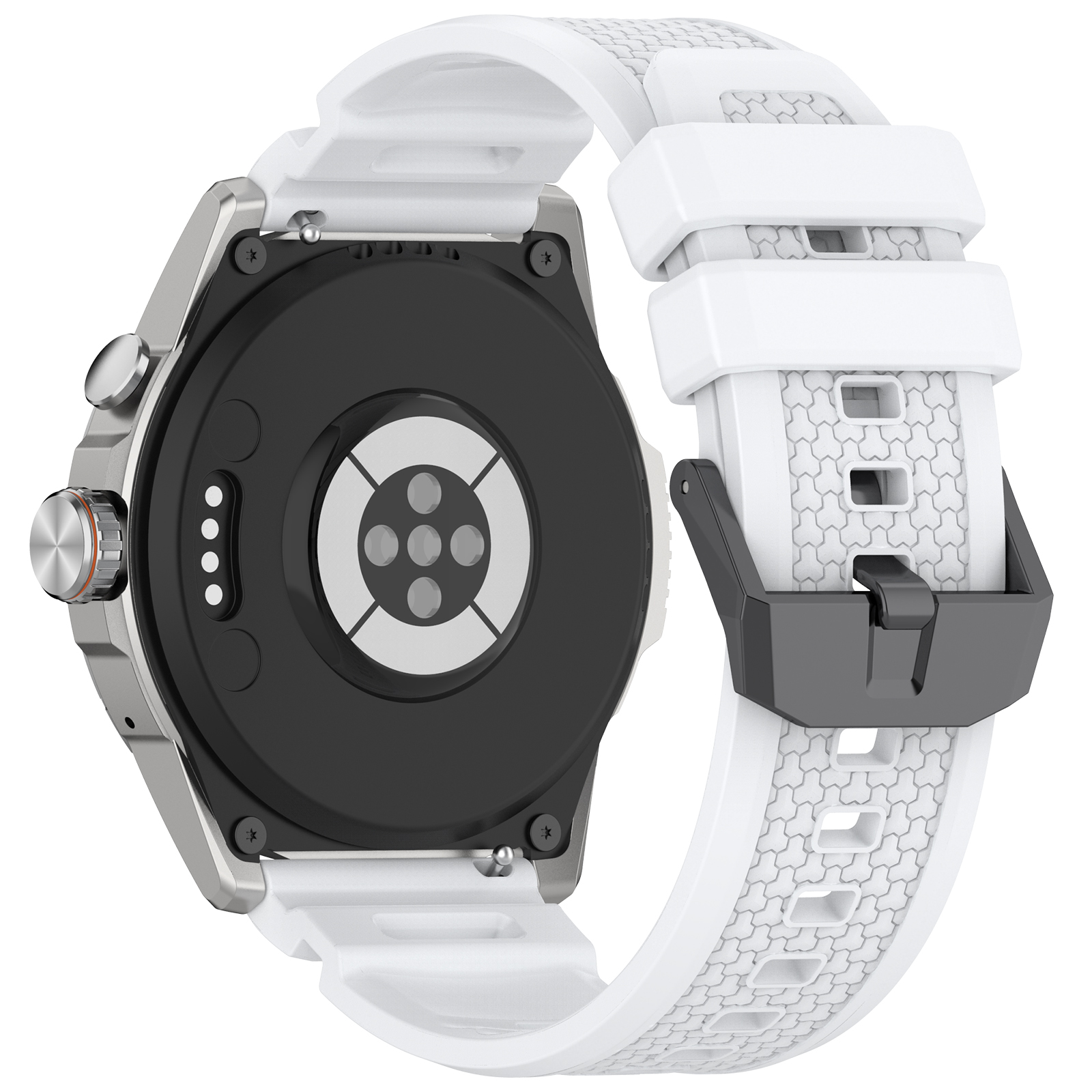 Vista posteriore di uno smartwatch bianco con cinturino bianco. Area nera e cornice metallica.