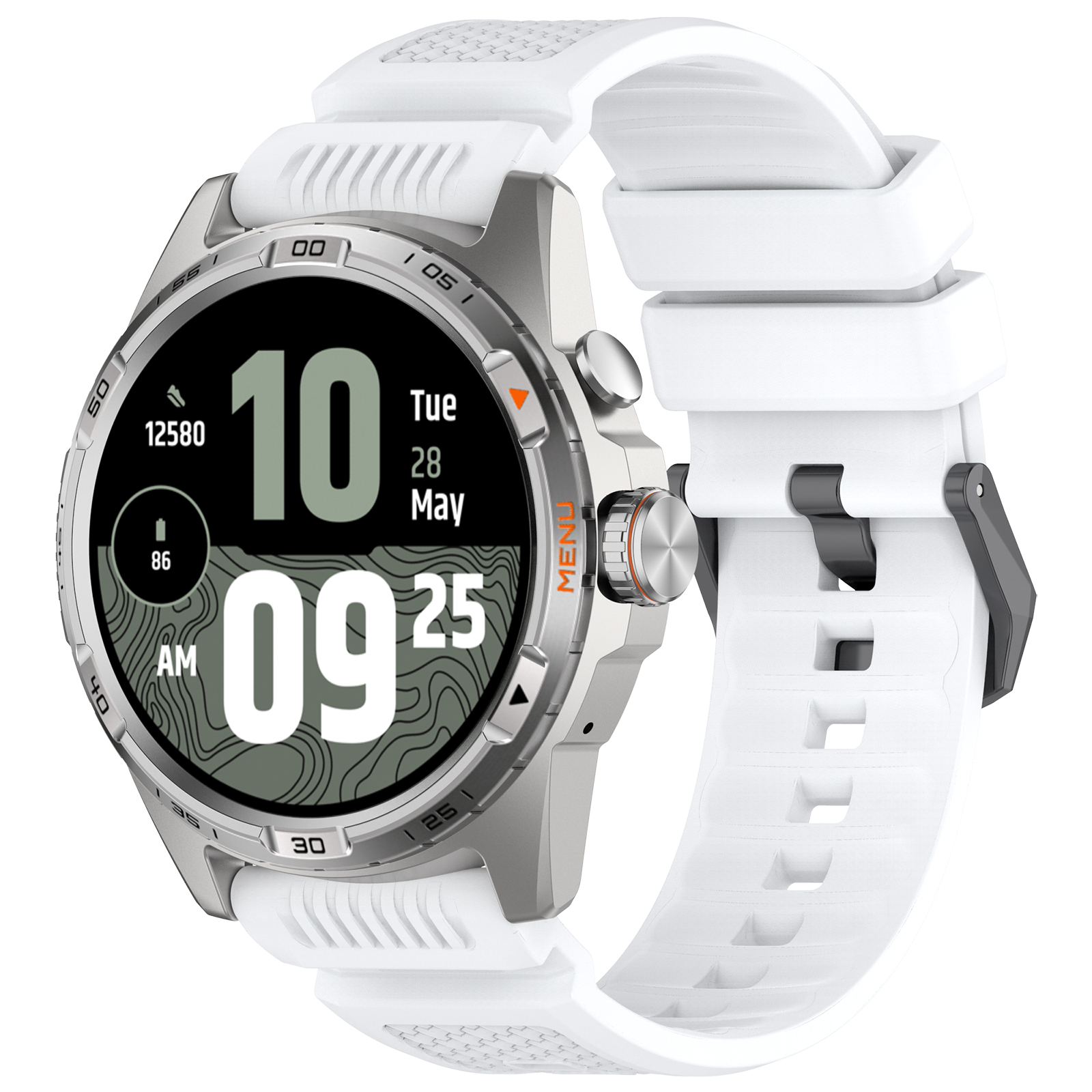 Smartwatch bianco con display digitale che mostra data, ora e batteria.