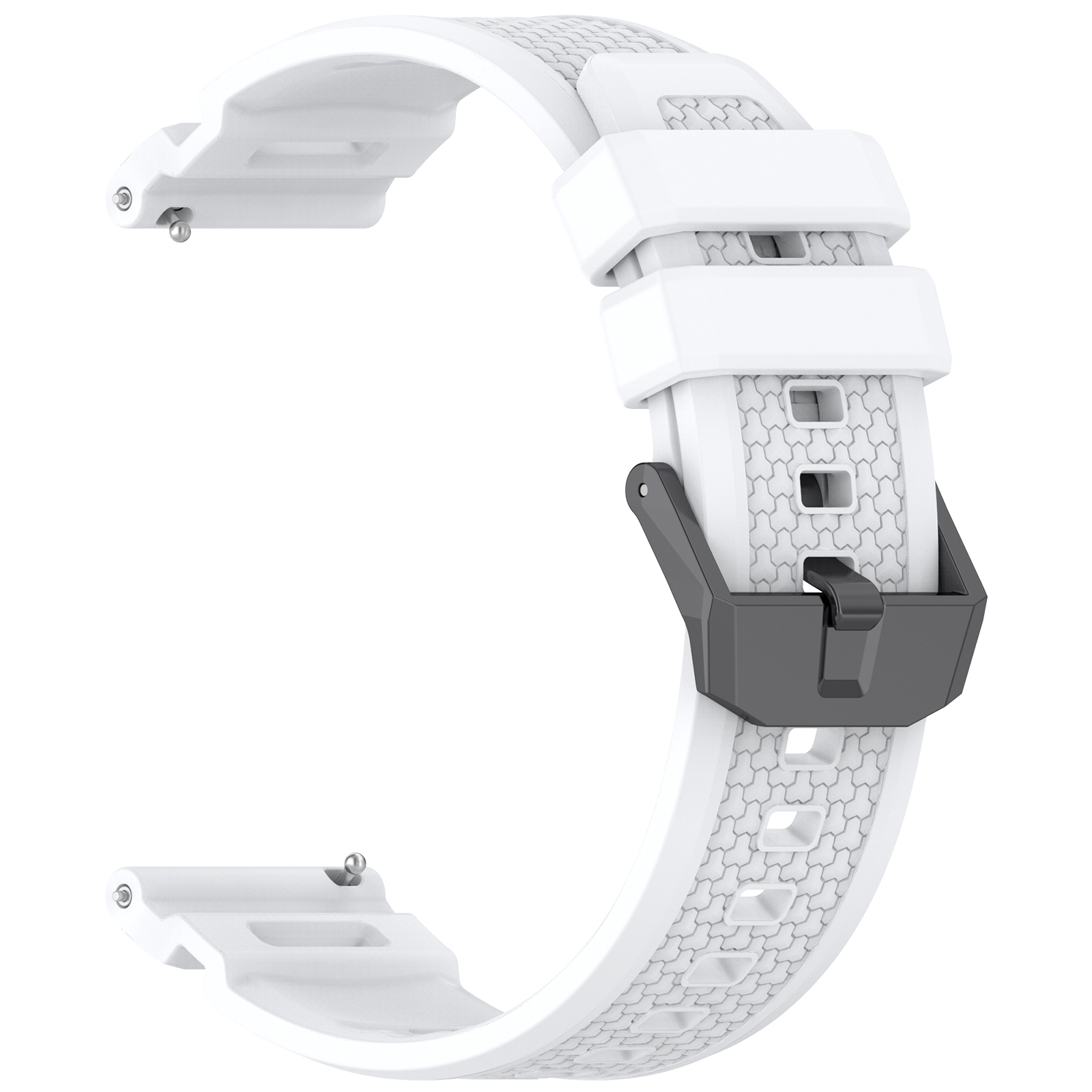 Cinturino bianco per smartwatch con chiusura grigia. Il cinturino ha un motivo geometrico.