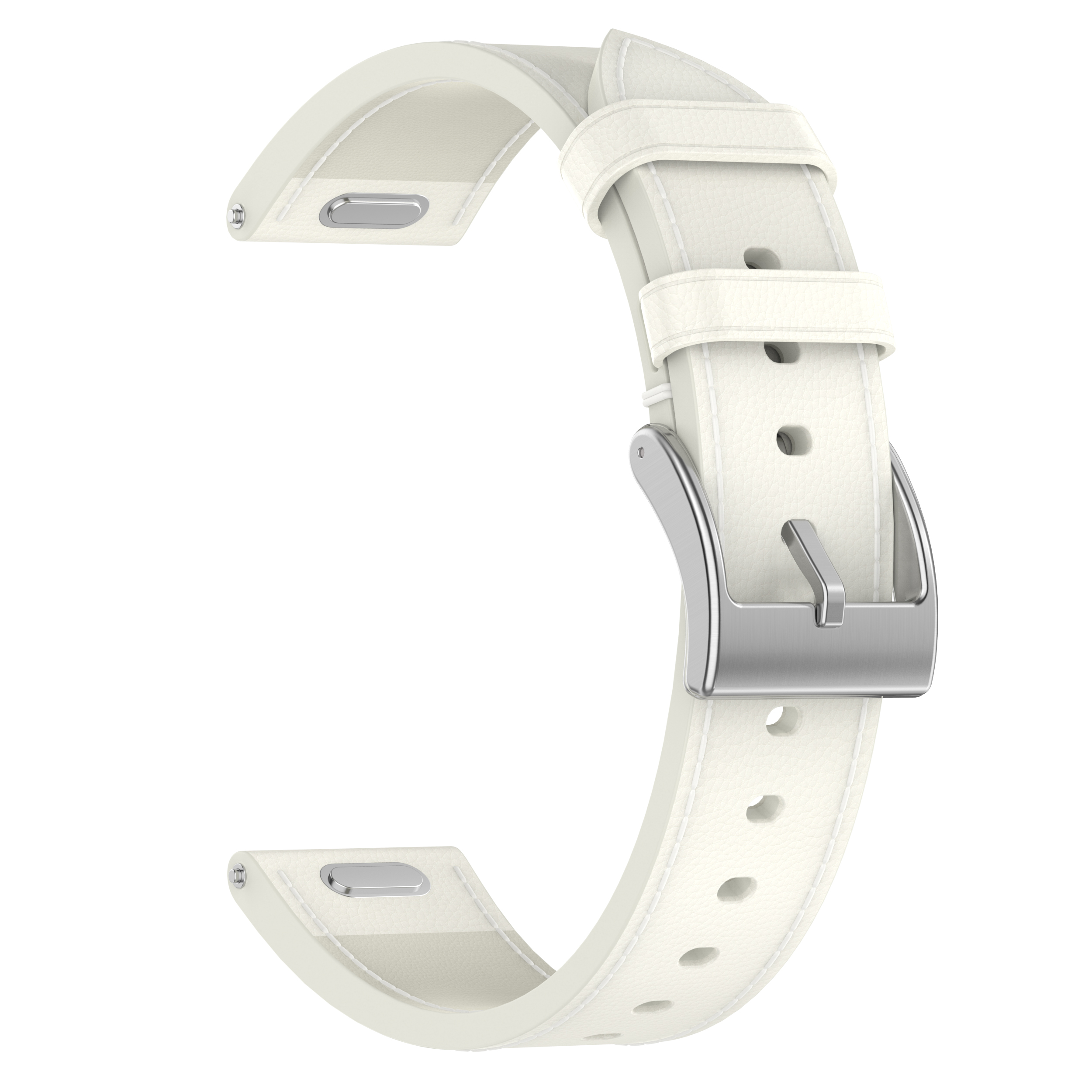 Weißes Uhrenarmband mit silberner Schnalle. Es ist gebogen und hat Löcher zur Anpassung.