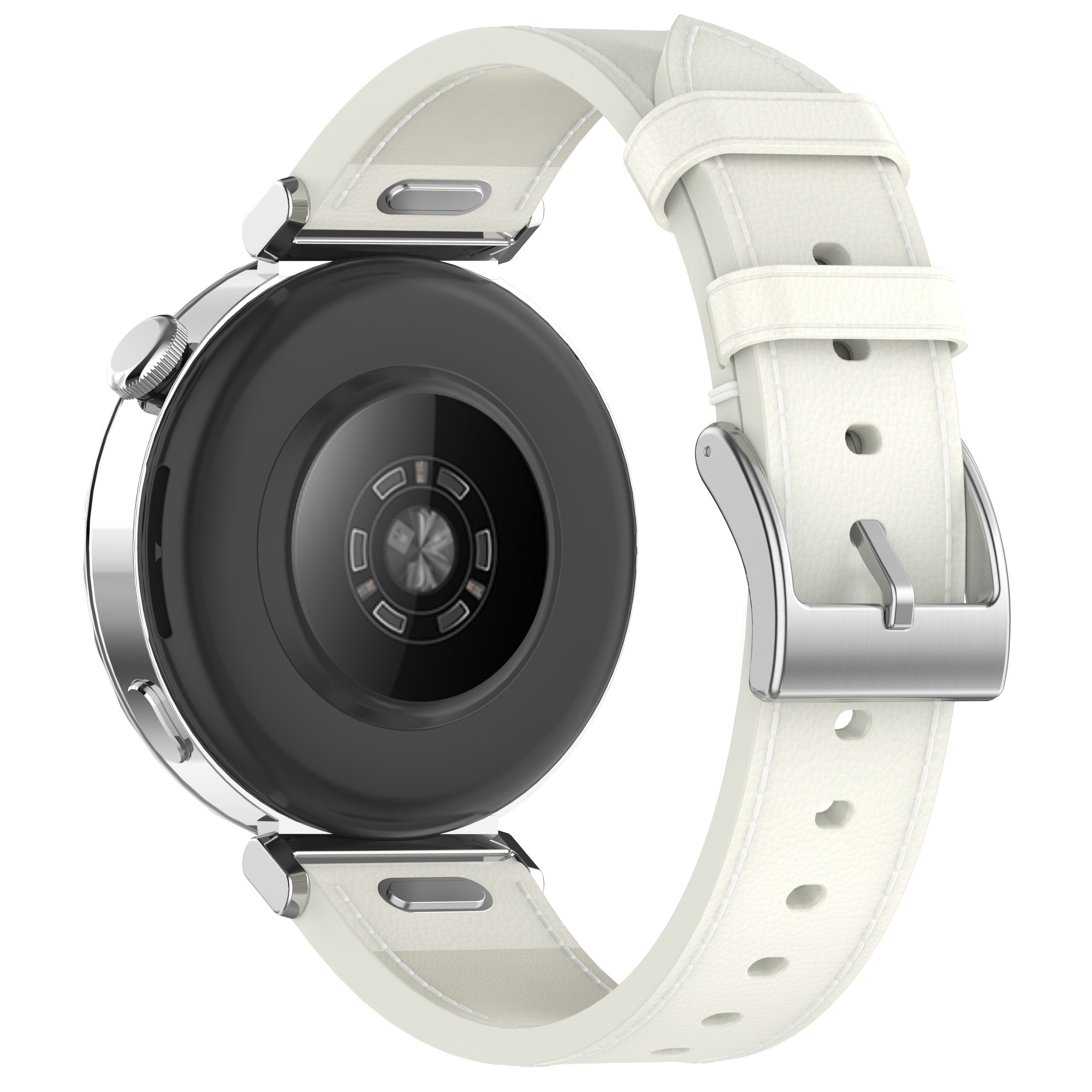 Uno smartwatch con cinturino bianco, che mostra il retro dell'orologio.