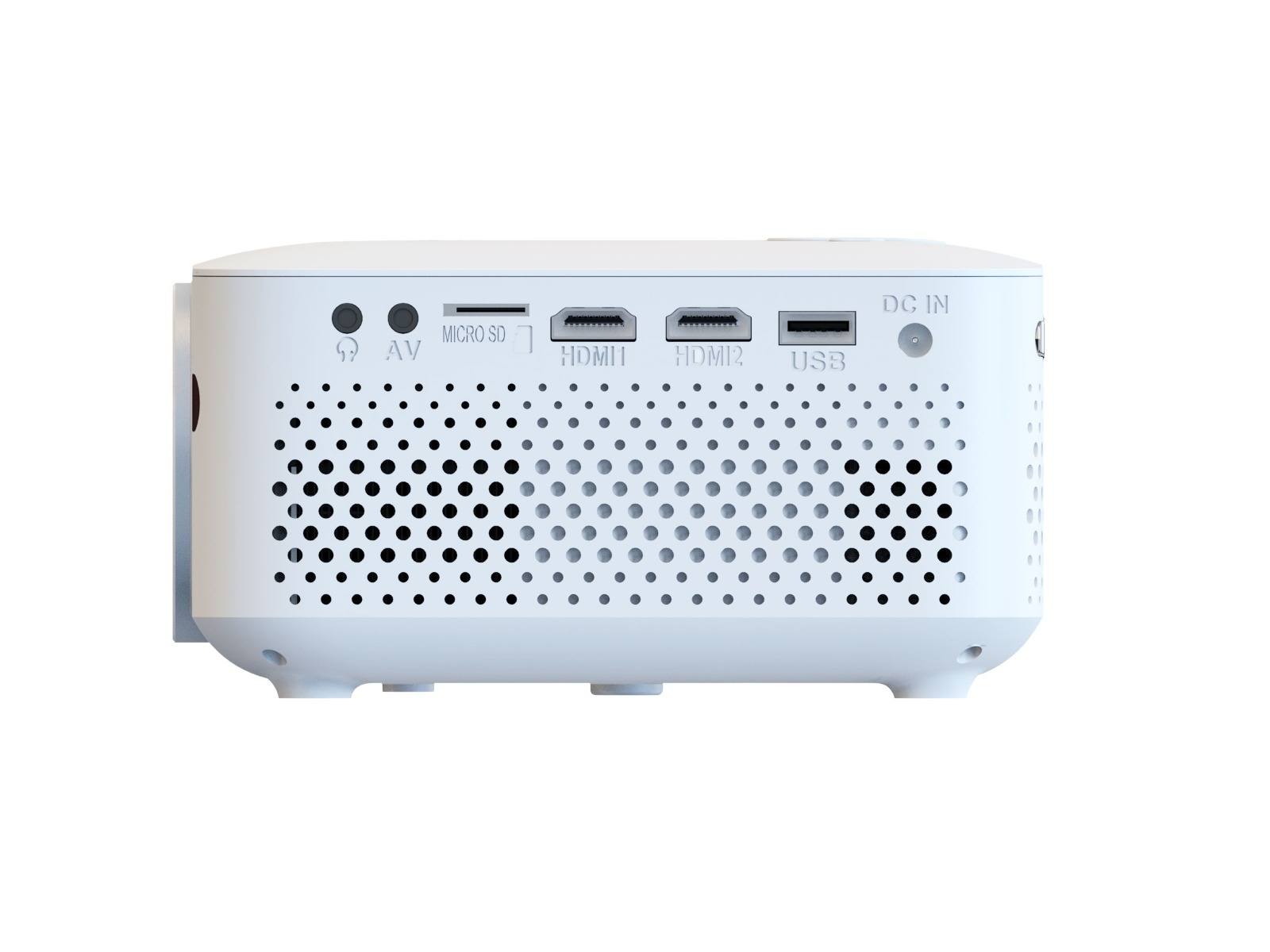 Weißer Projektor mit Anschlüssen: AV, Micro SD, HDMI 1&2, USB und DC IN, auf weißem Hintergrund.