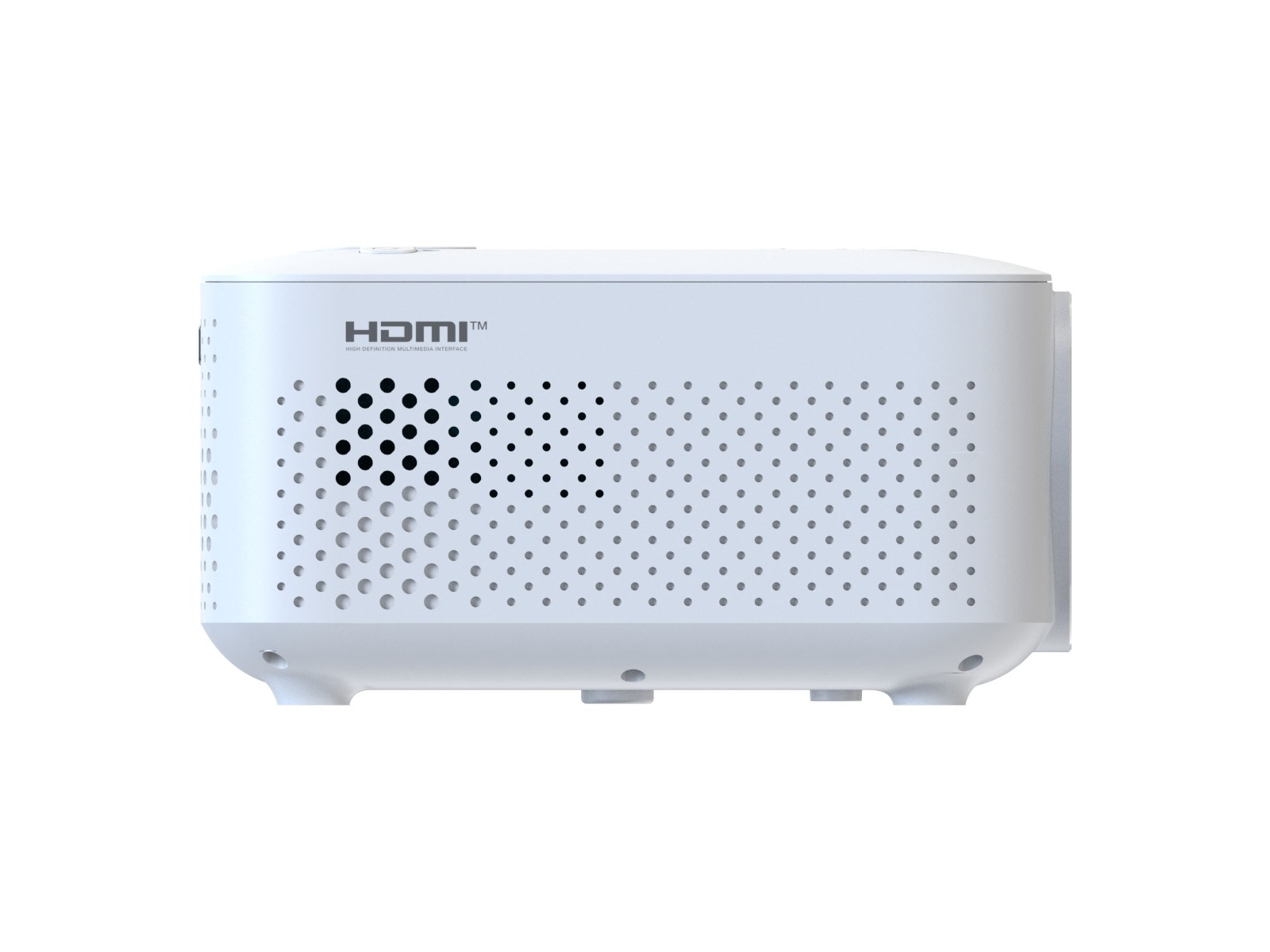 Weißer Projektor mit schwarzem Gitter und HDMI-Anschluss. Die Seite zeigt kleine Lüftungsöffnungen. Isoliert auf Weiß.