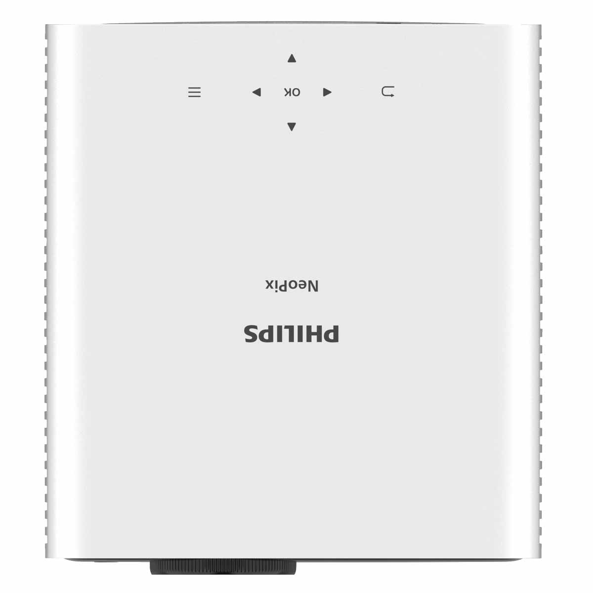 Weißer Philips NeoPix Projektor mit Bedienelementen und Logo. Weißer Hintergrund.