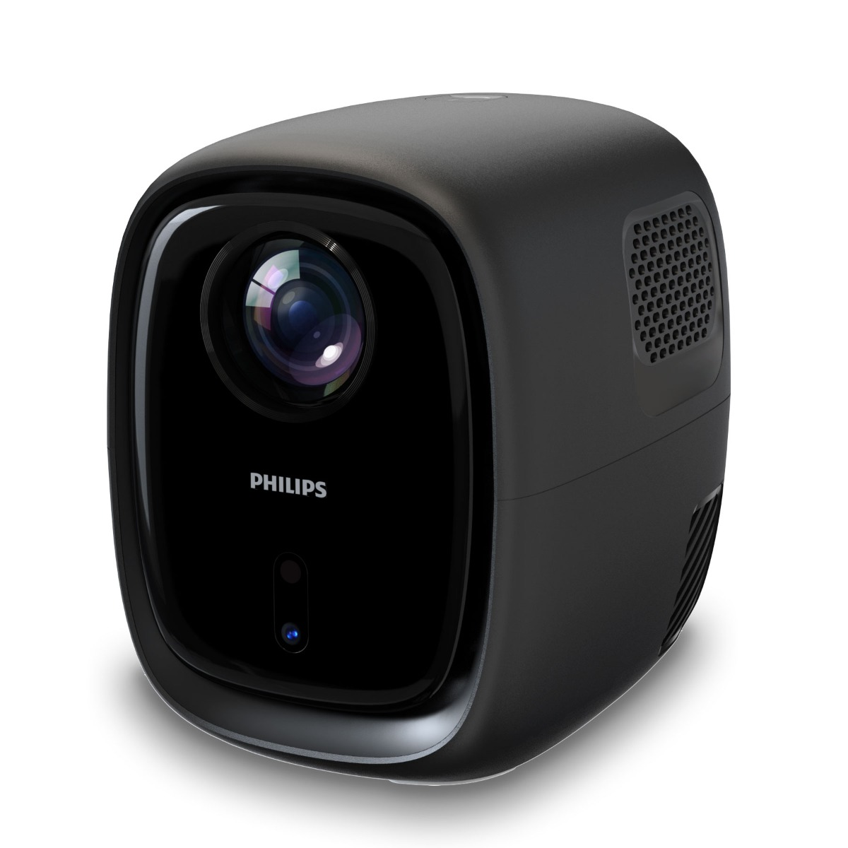 Czarny projektor Philips z obiektywem i bocznym otworem wentylacyjnym. Logo Philips z przodu.