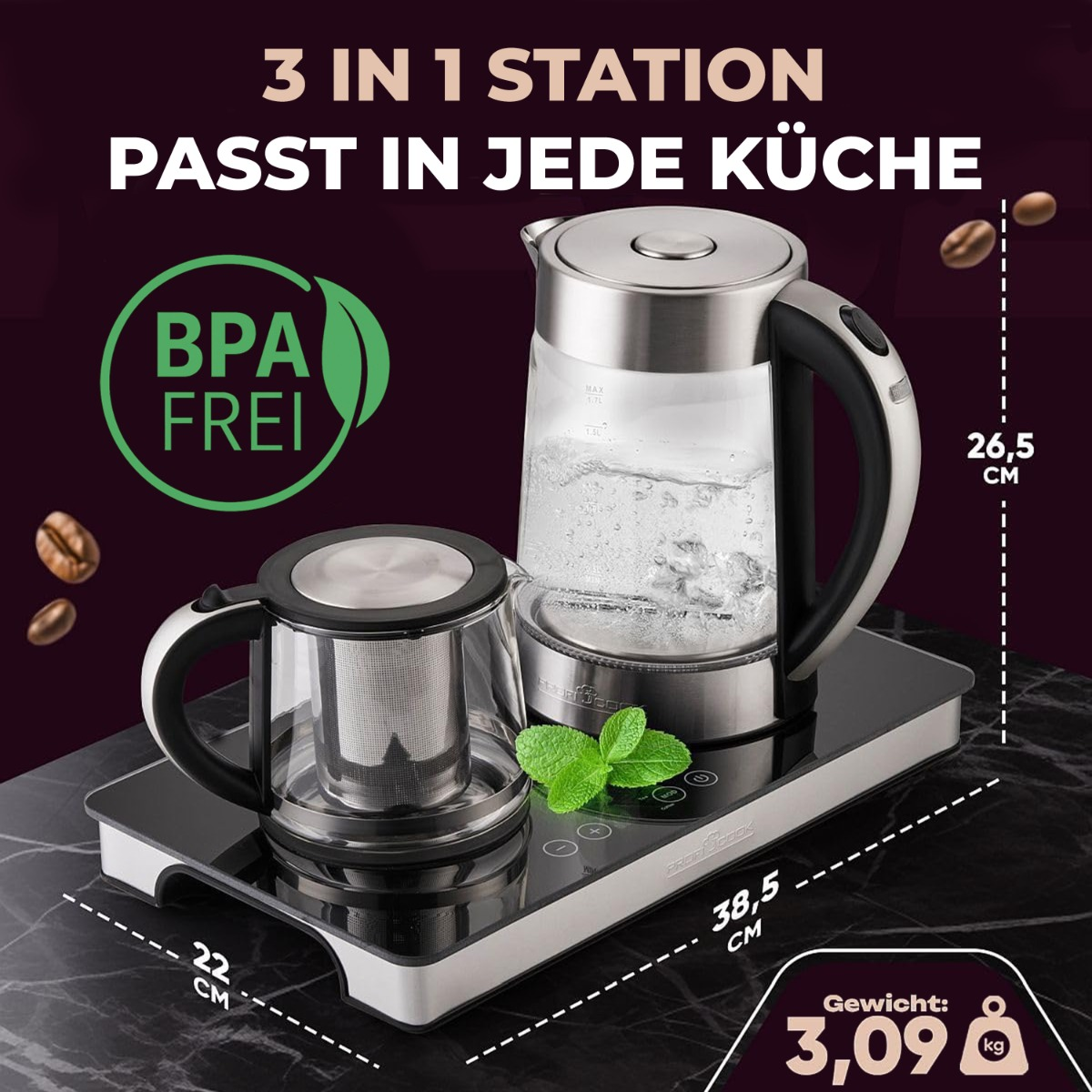 Stacja 3 w 1 ze szklanym imbrykiem, czajnikiem i podstawą. Widoczne wymiary i waga. Zielona naklejka BPA FREE.