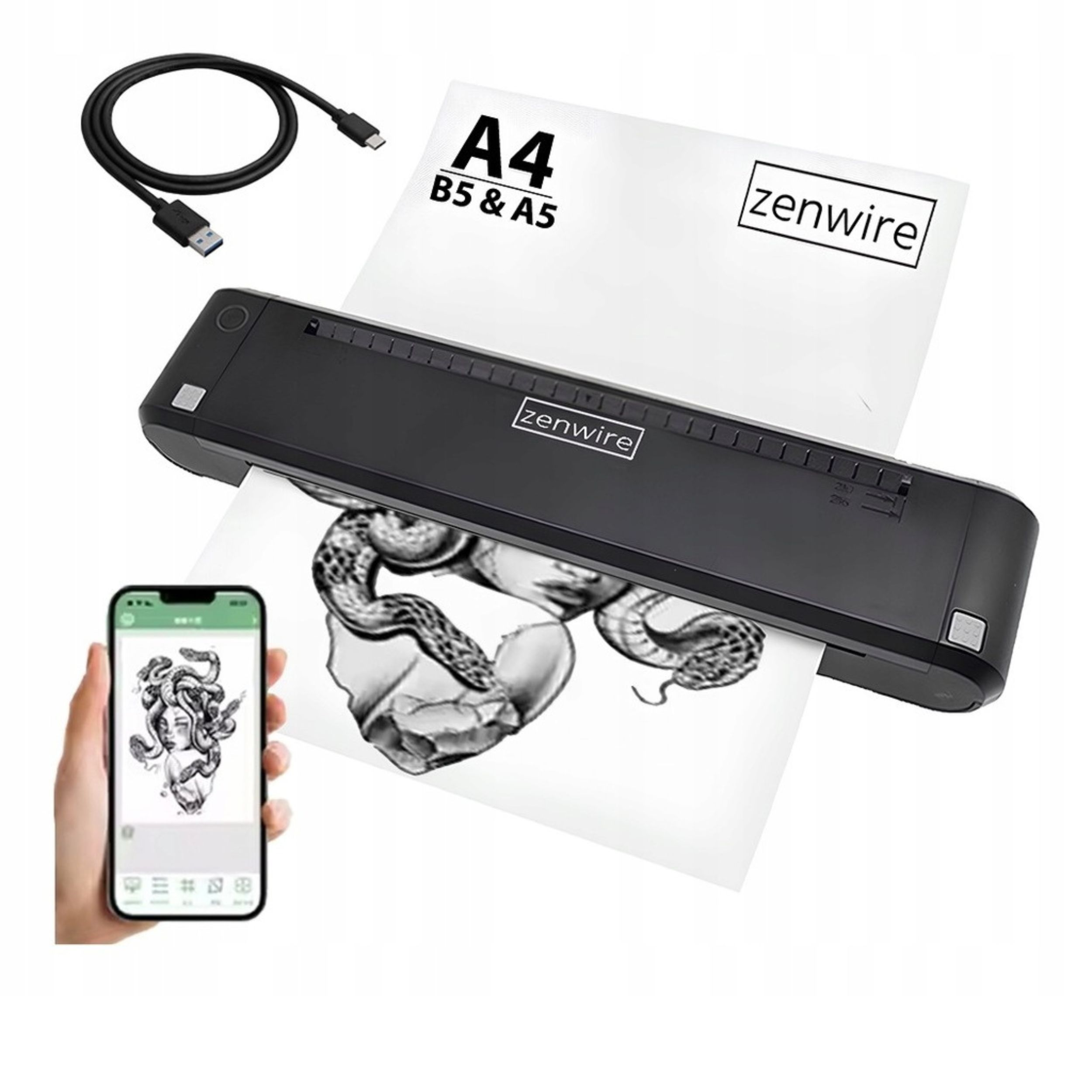 Skaner przenośny skanujący dokument, smartfon z grafiką Meduzy i kabel.