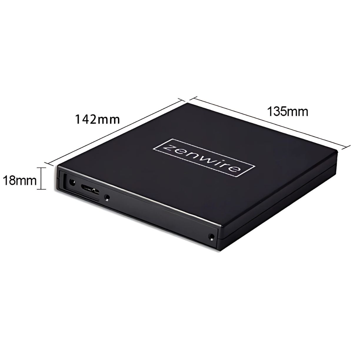 Czarny zewnętrzny napęd CD/DVD. Wymiary: 142mm długości, 135mm szerokości, 18mm wysokości.