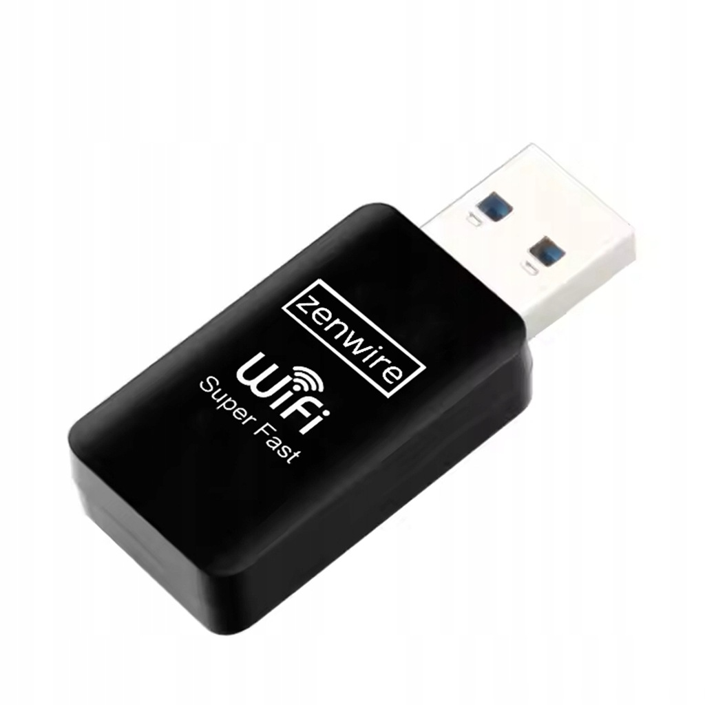 Czarno-biały adapter USB WiFi. Adapter ma nazwę marki zenwire i WiFi Super Fast.
