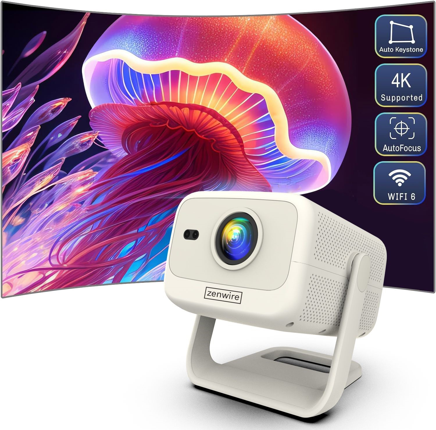 Biały projektor wyświetlający meduzę. Ekran wyświetla obraz meduzy. Obsługuje 4K, Auto Keystone i WiFi 6.