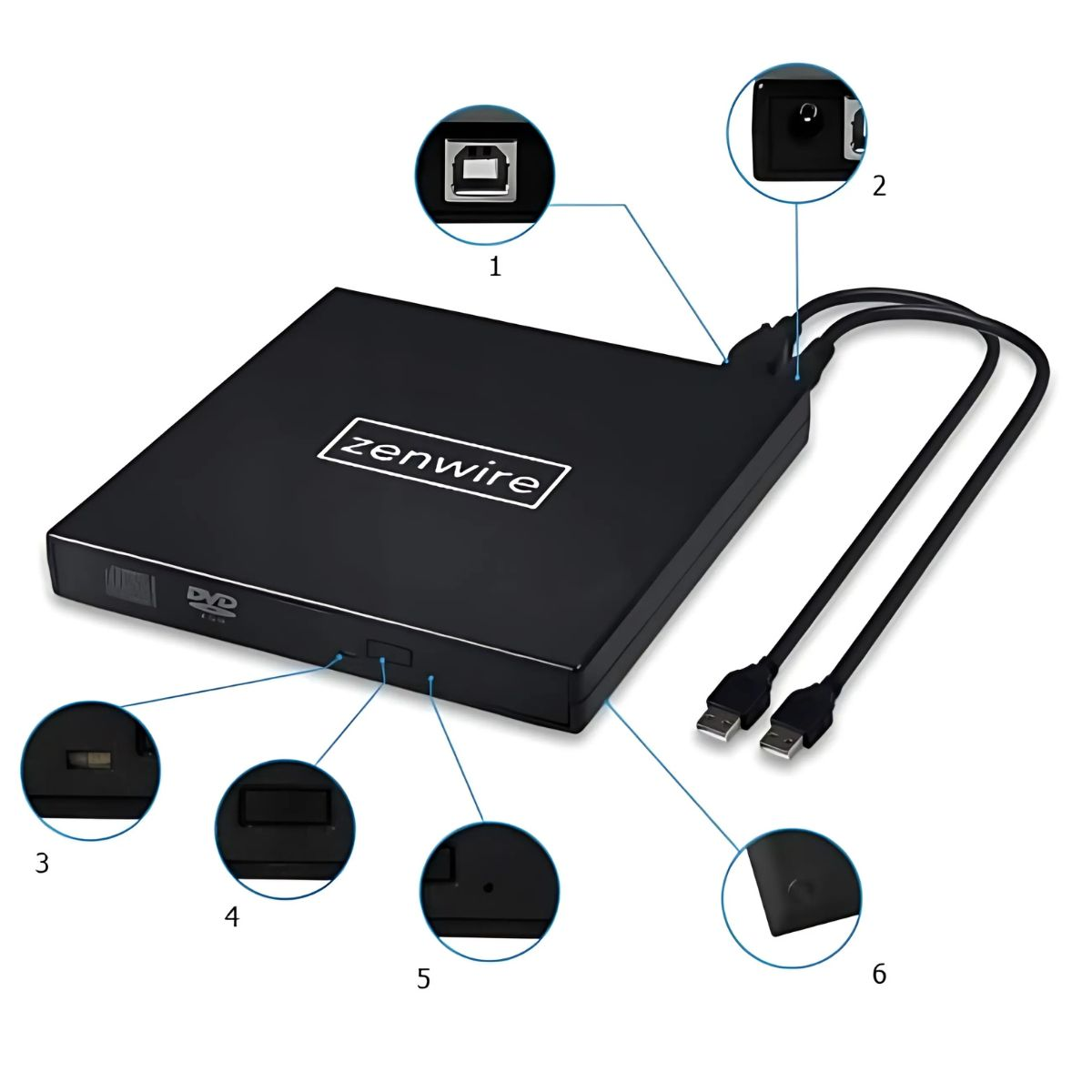 Czarny napęd DVD z portami USB. Porty DVD, zasilania i USB są oznaczone. Nazwa marki zenwire jest na napędzie.