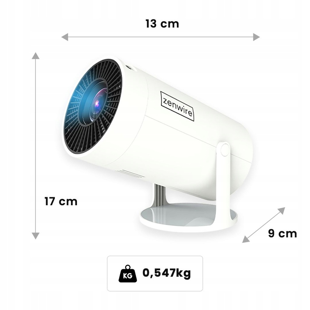 Biały, cylindryczny wentylator, z wymiarami i wagą, na białym tle.