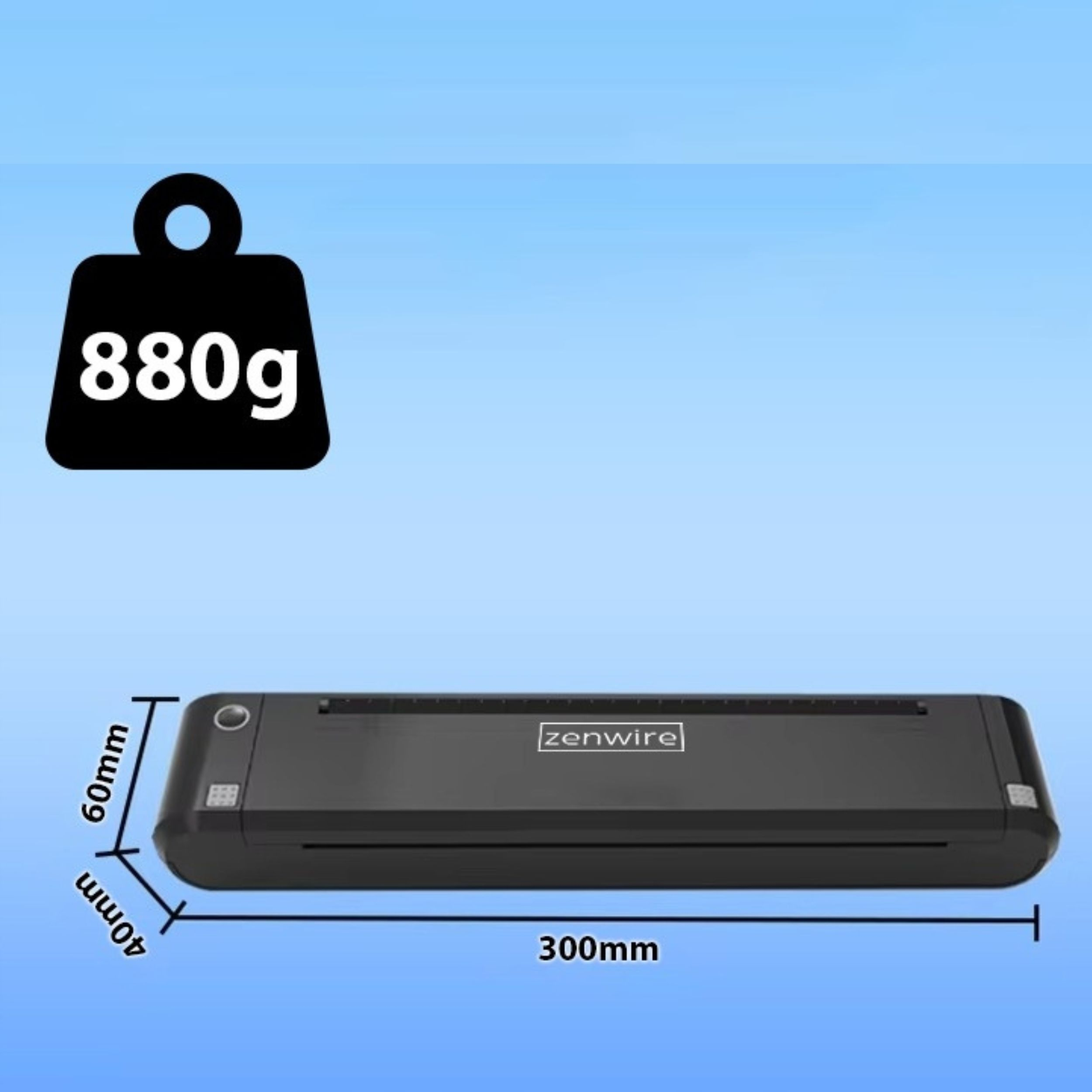 Czarna drukarka z etykietami wymiarów i wagi. Ma 300 mm długości, 60 mm wysokości, 40 mm szerokości i waży 880 g.