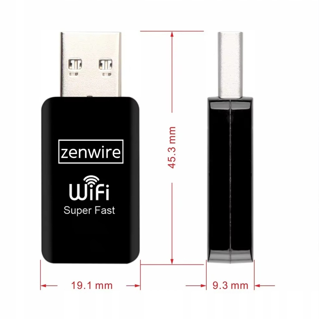 Adapter WiFi z wymiarami. Adapter ma 45,3 mm długości, 19,1 mm szerokości i 9,3 mm grubości.