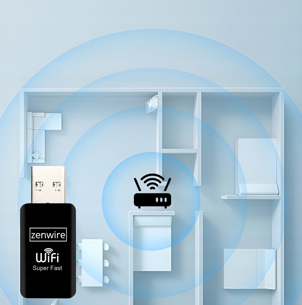 Adapter WiFi USB podłączony do ściany. Niebieskie linie sygnału Wifi promieniują z adaptera.