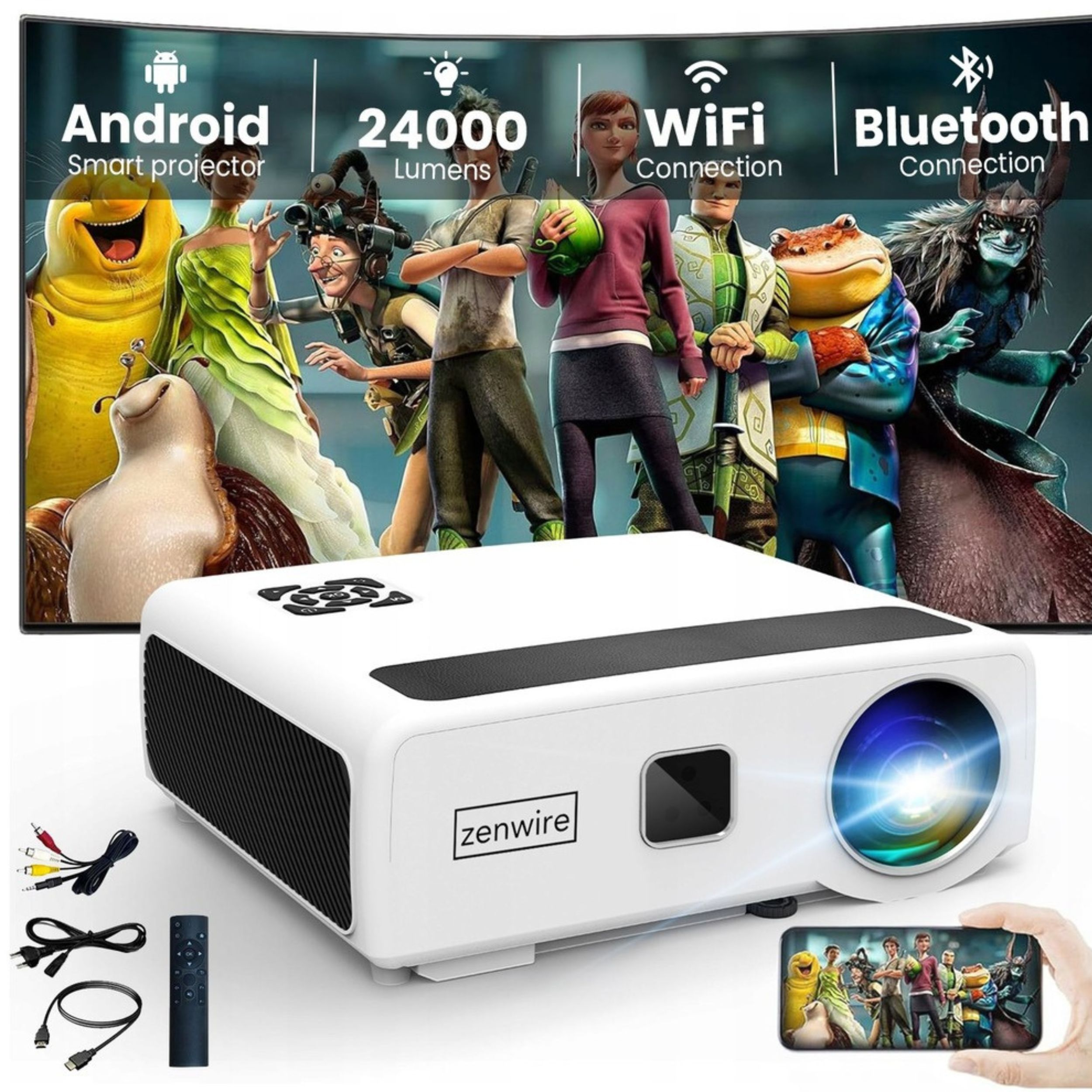 Biały projektor z pilotem i kablami. Film animowany wyświetlany na ścianie.