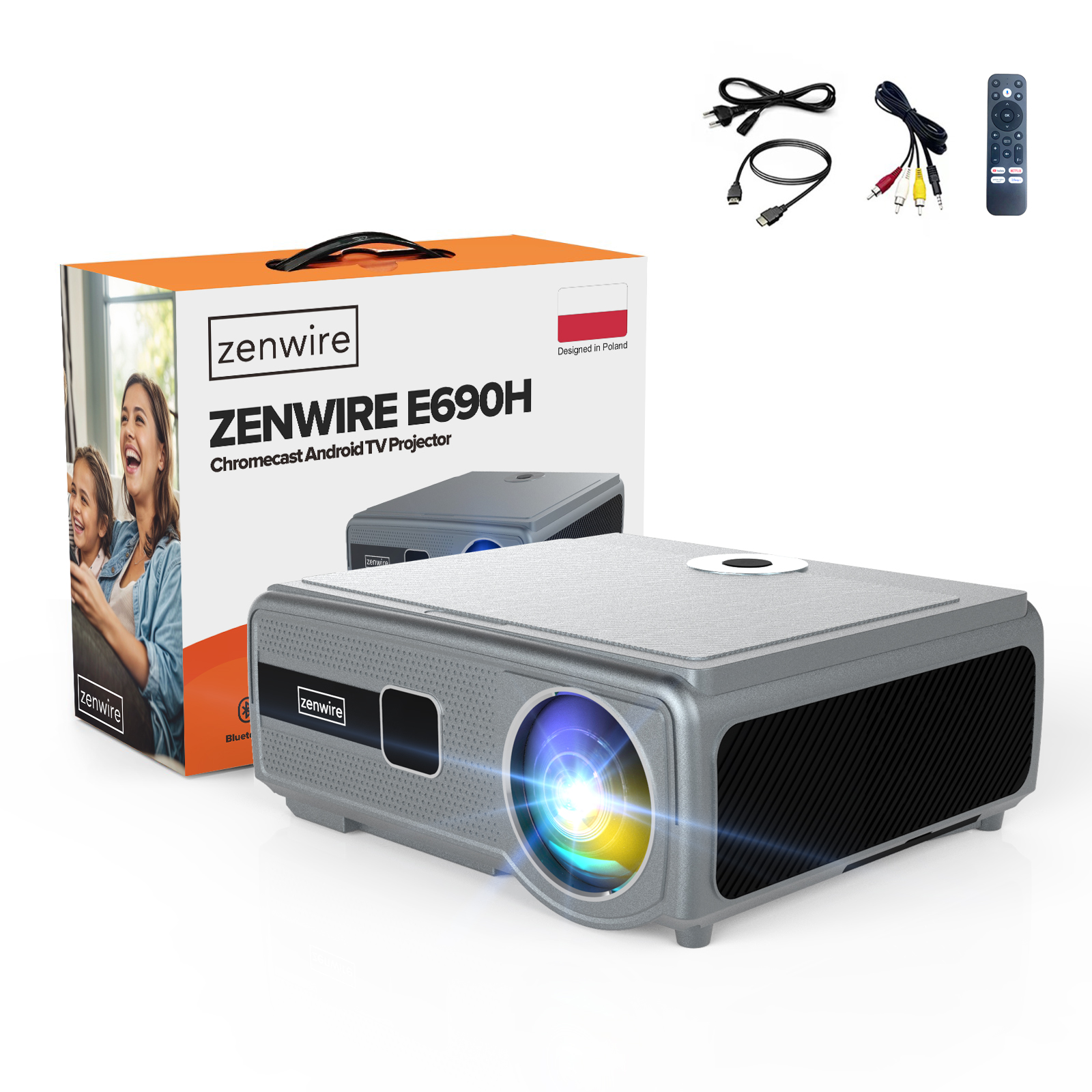 Szary projektor z pudełkiem. Kable i pilot na stole.