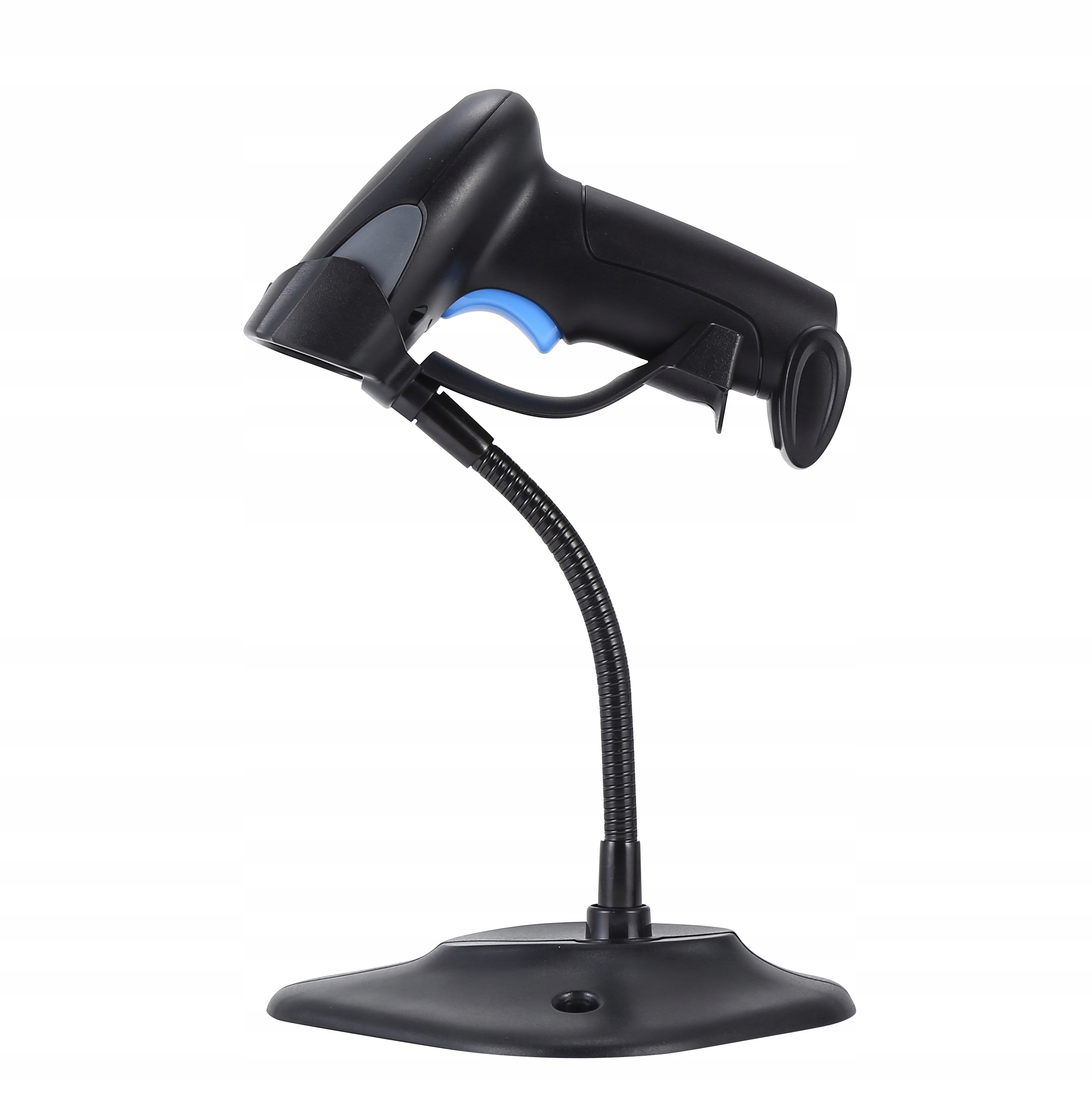 Czarny skaner kodów kreskowych na stojaku. Skaner ma niebieski przycisk.