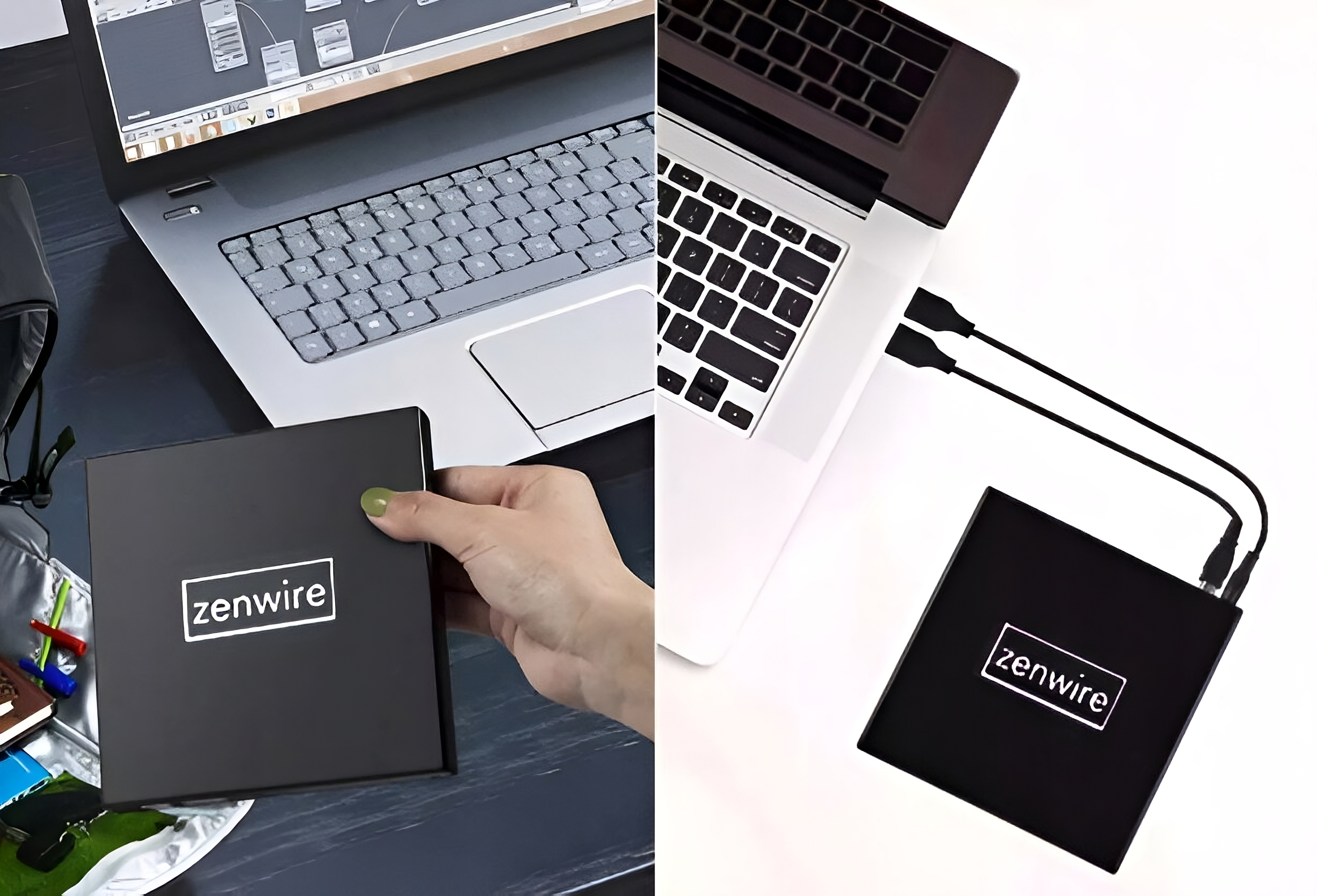 Osoba trzymająca czarne pudełko. Laptop podłączony do czarnego adaptera.