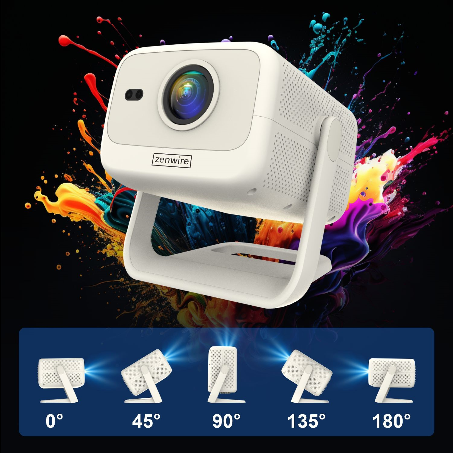 Biały projektor z obiektywem. Projektor może wyświetlać pod różnymi kątami.