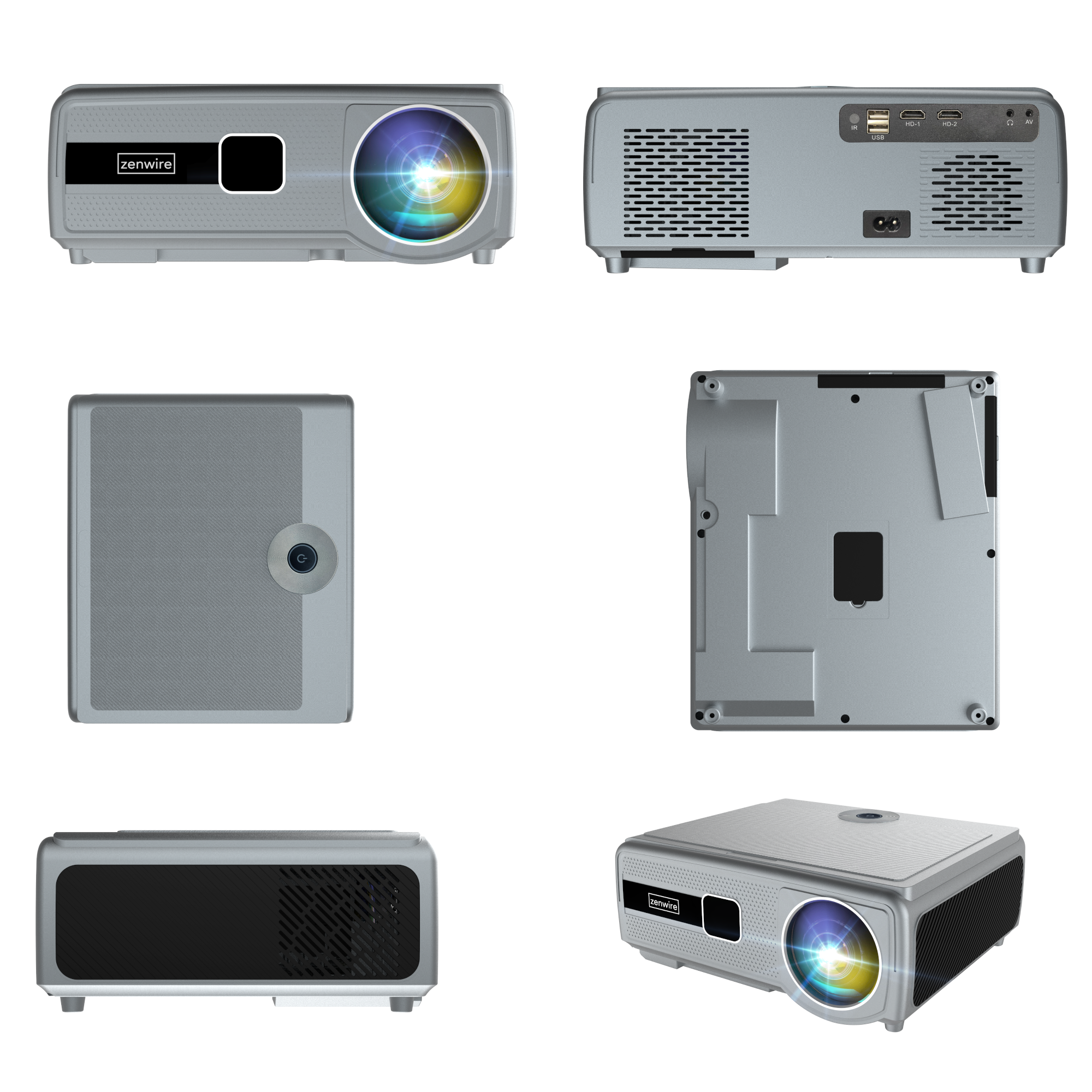 Zestaw widoków projektora. Projektor jest szary. Widoki obejmują widoki z przodu, z tyłu i z boku.