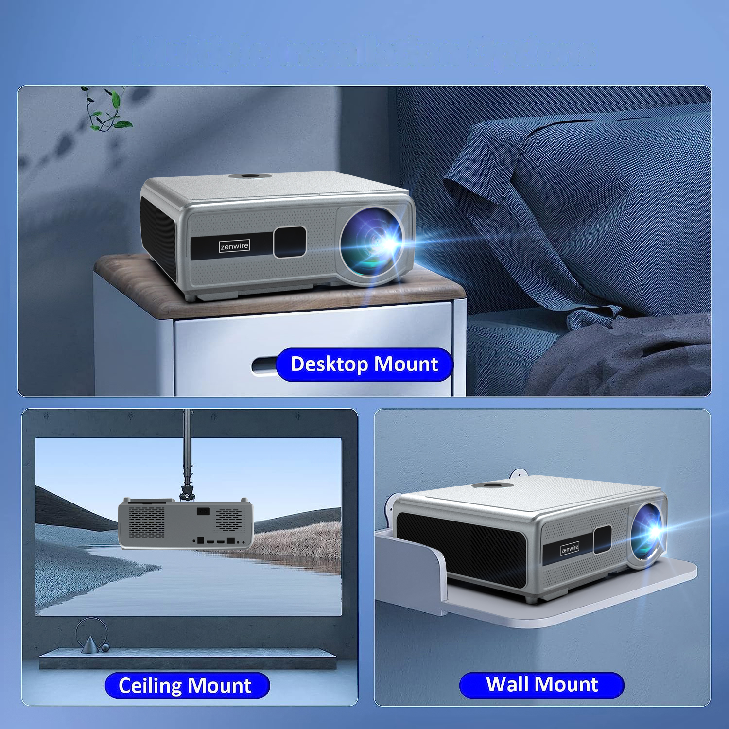 Projektor jest zamontowany na biurku, suficie i ścianie. Projektor jest koloru szarego.