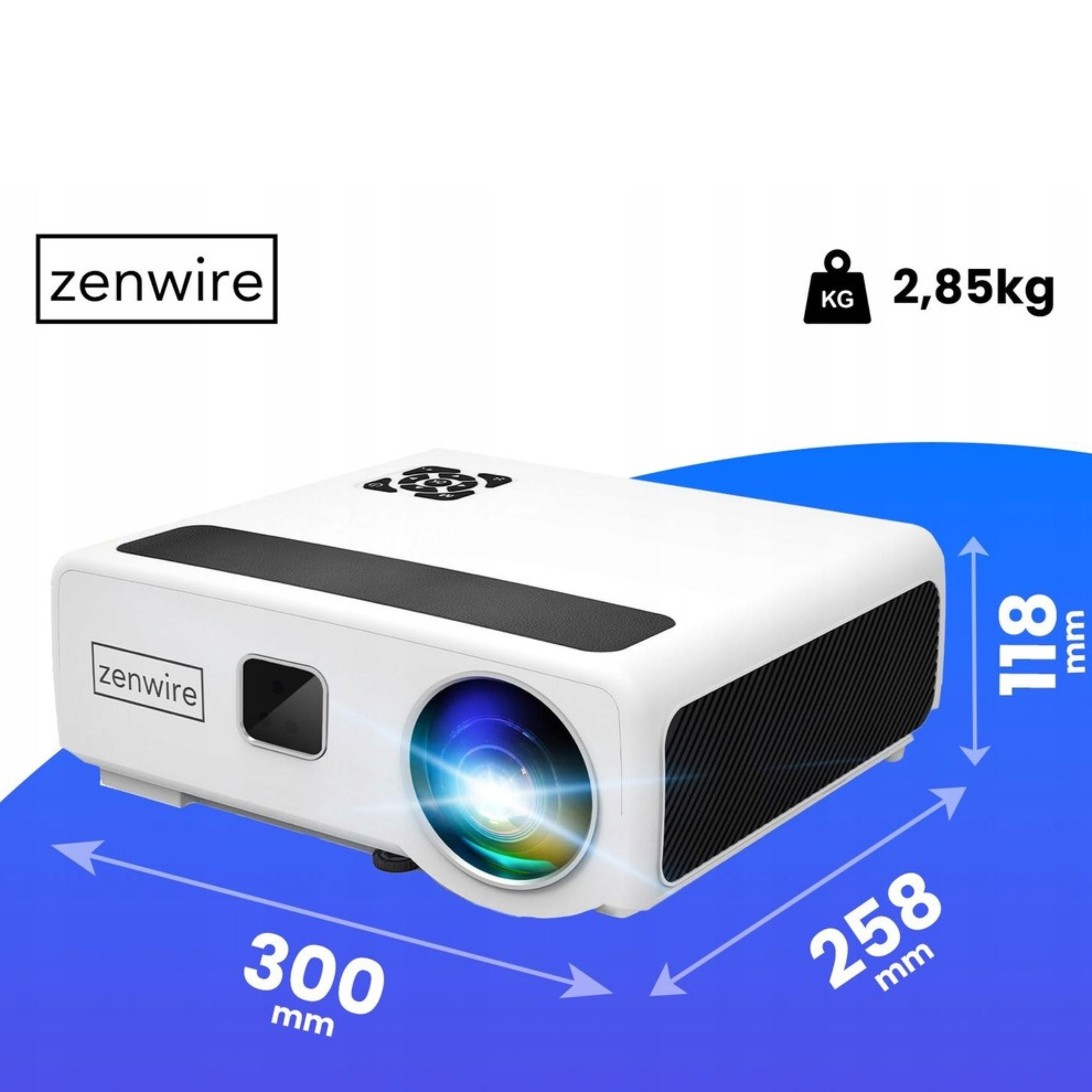 Biały projektor z wyświetlonymi wymiarami. Waga to 2,85 kg.