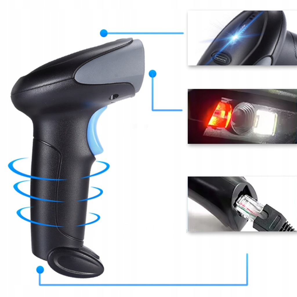 Skaner kodów kreskowych ze szczegółami jego komponentów i połączeniem kablowym.