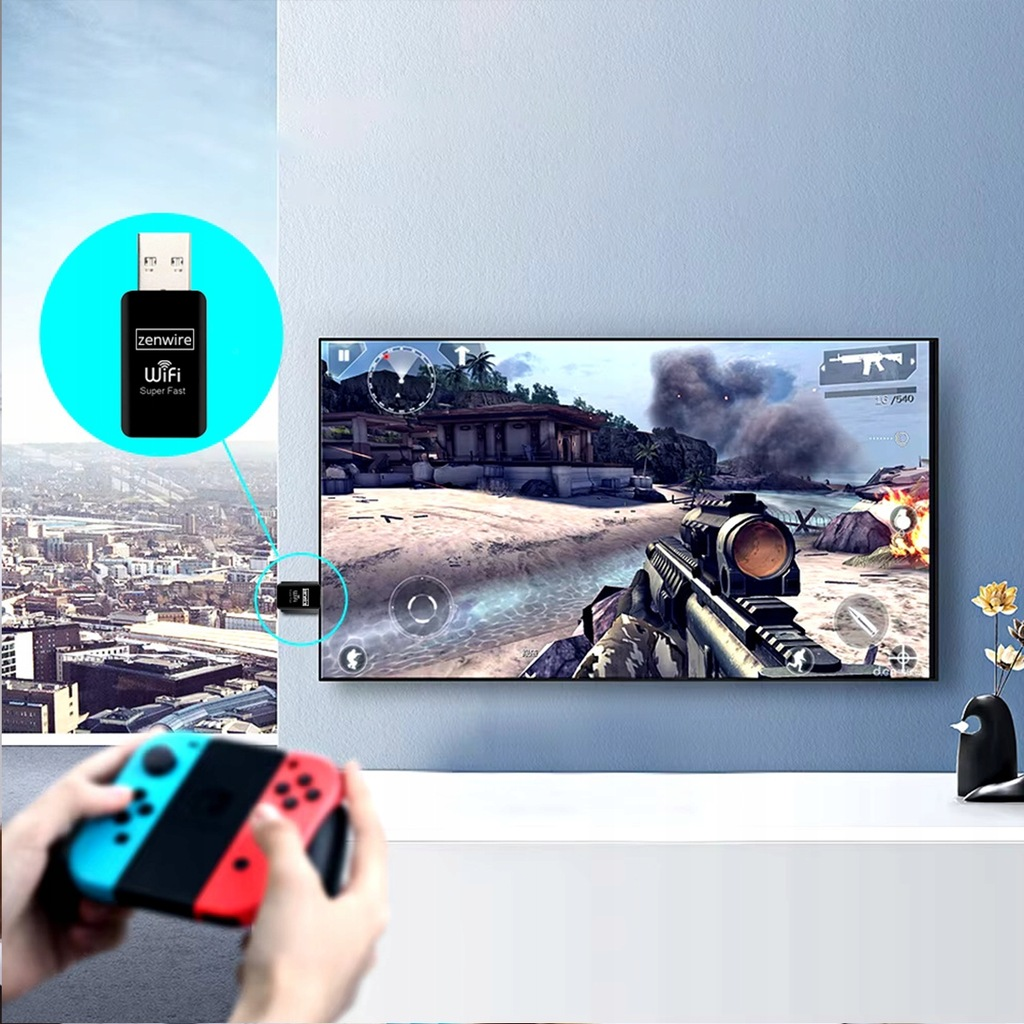 Konsola do gier podłączona do telewizora za pomocą adaptera WiFi, pokazująca scenę z gry.