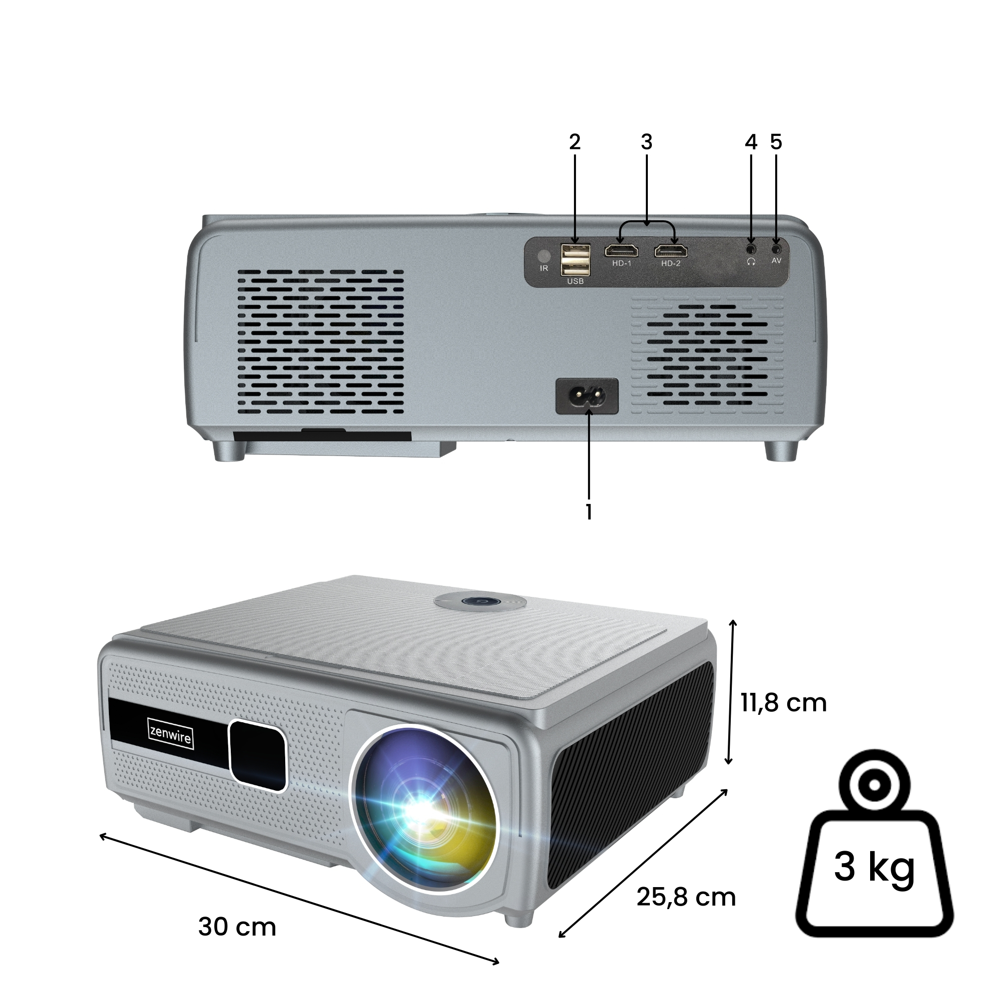 Szary projektor z wyświetlonymi wymiarami i portami. Waga to 3 kg.