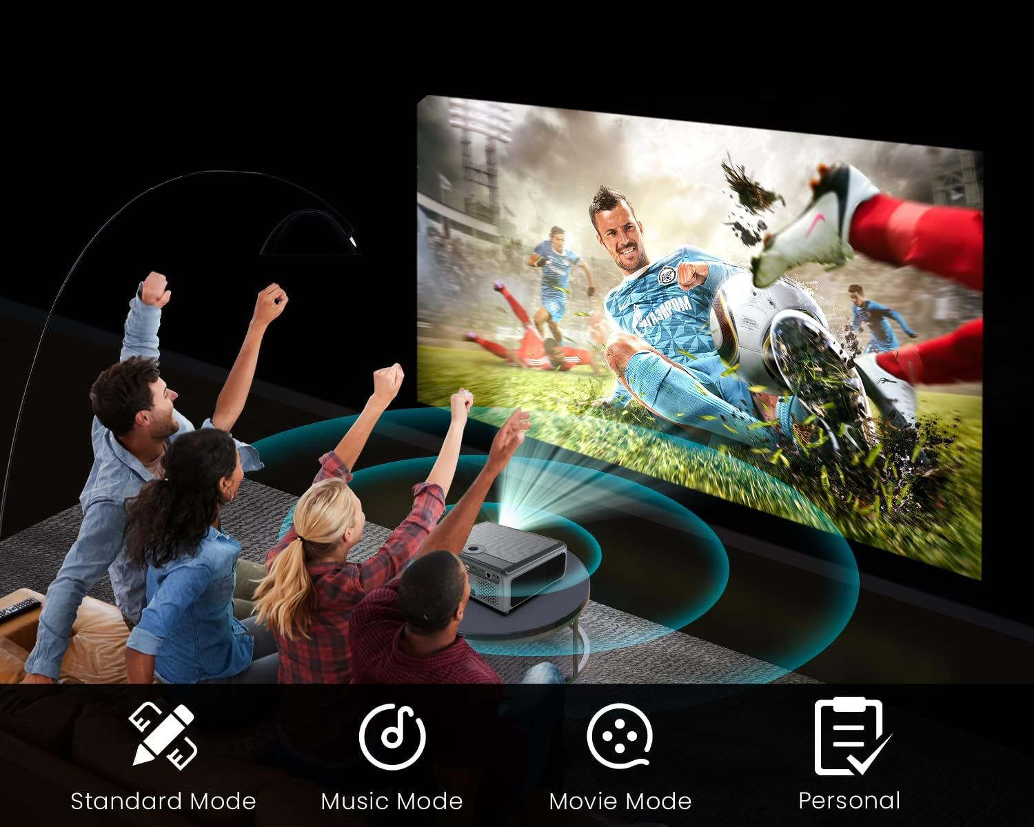 Projektor wyświetla mecz piłki nożnej. Ludzie oglądają i kibicują. Istnieją ikony trybów.