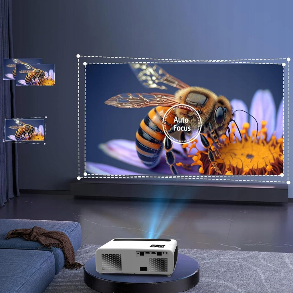 Projektor pokazujący pszczołę na kwiatku. Wyświetlany jest autofokus. Projektor jest biały.