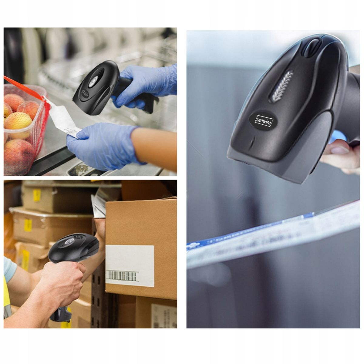 Wiele scen używania skanera kodów kreskowych. Skaner jest czarny i szary.