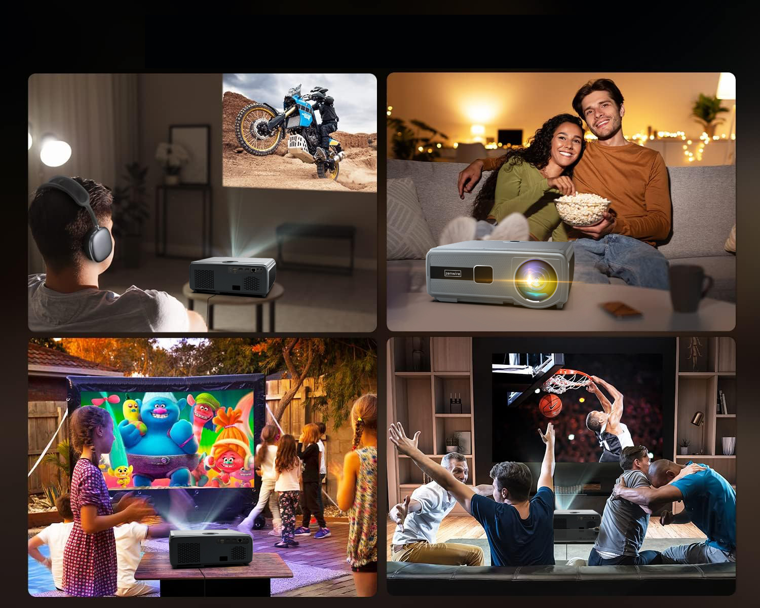 Różne sceny: projekcja motocykla, para na kanapie, dzieci oglądające kreskówkę, ludzie oglądający koszykówkę.