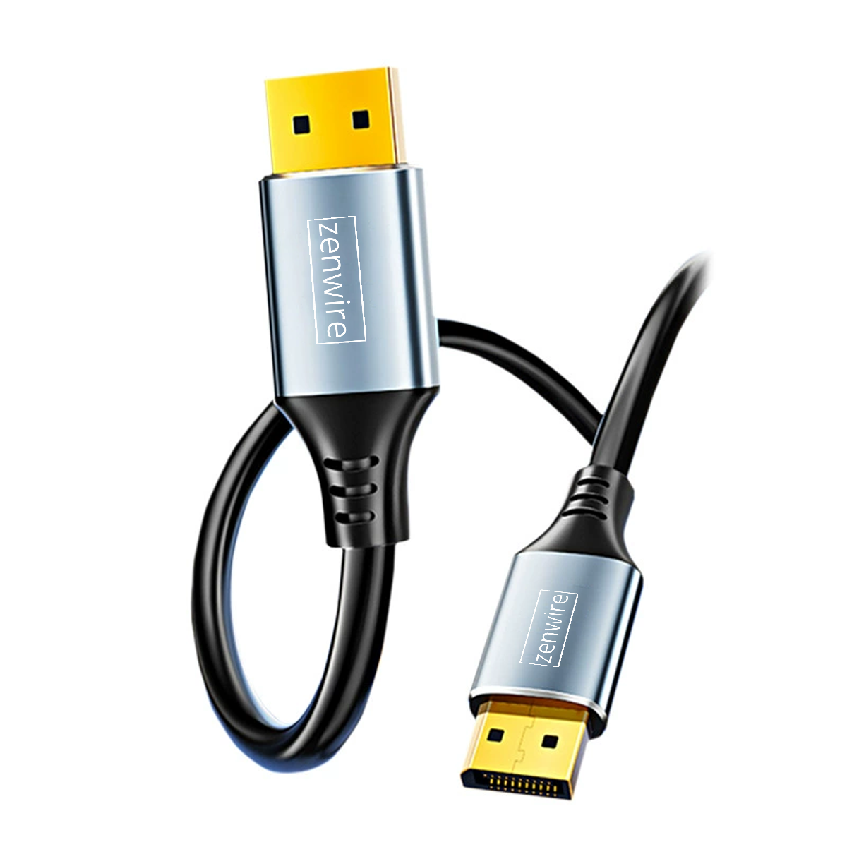 Czarny kabel DisplayPort ze srebrnymi złączami, złącza są złote, z napisem zenwire.