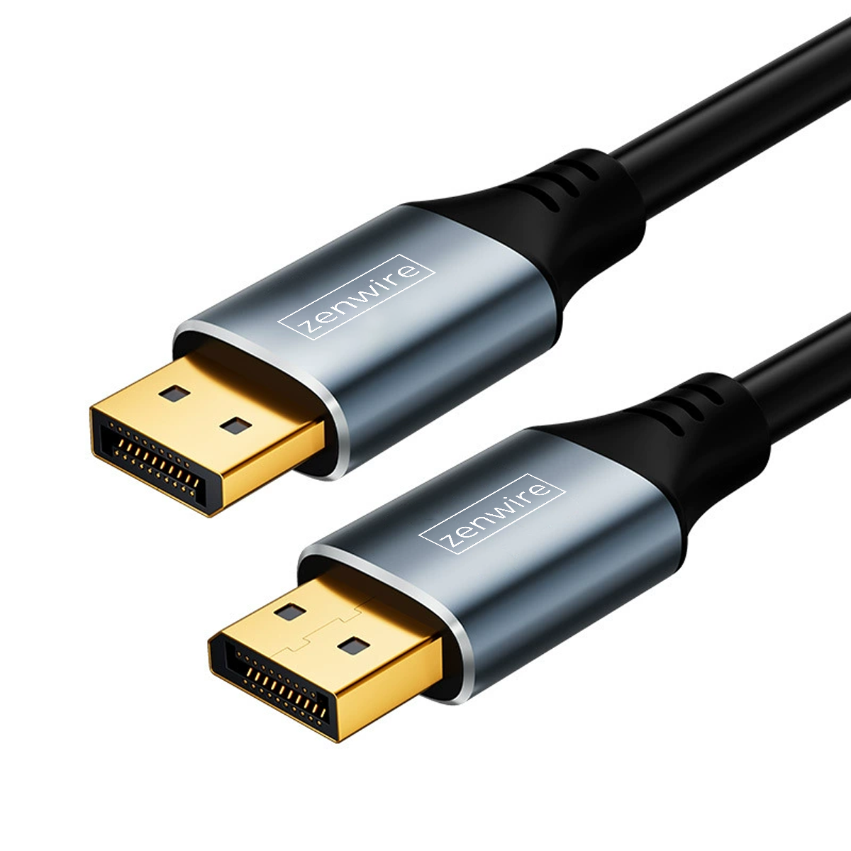 Czarny kabel DisplayPort, dwa złącza, srebrna obudowa, złote złącza, z napisem zenwire, w zbliżeniu.