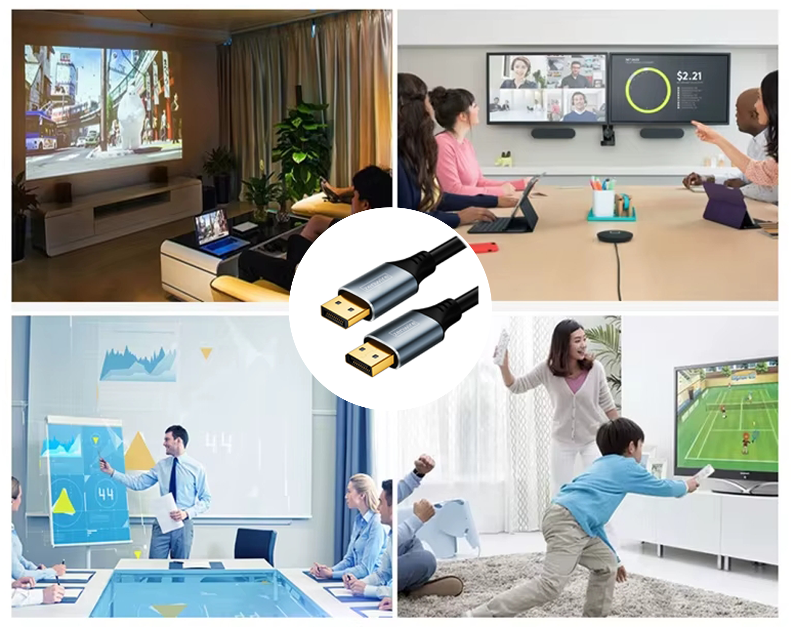 Wiele scen: projektor i laptop, połączenie konferencyjne, prezentacja i ludzie grający w gry wideo.