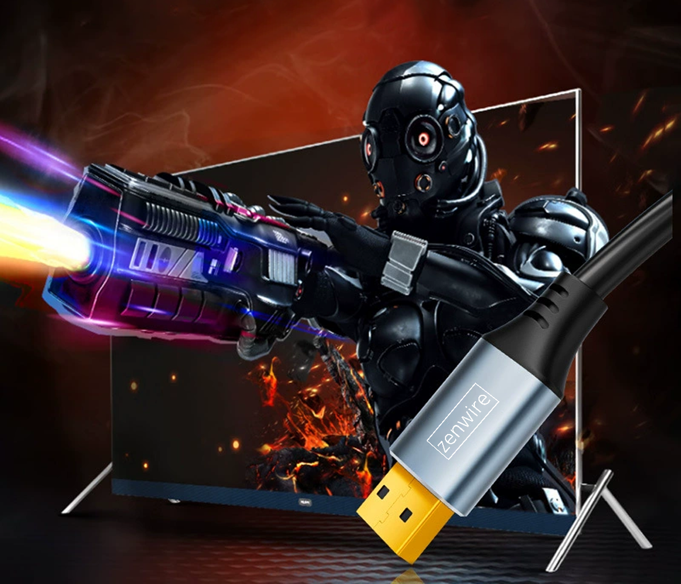Futurystyczny żołnierz trzymający broń, z kablem podłączonym do ekranu, z napisem zenwire.