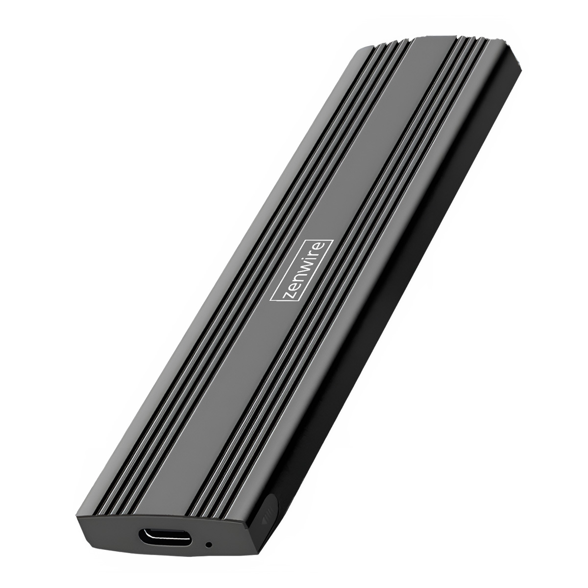Czarna zewnętrzna obudowa M.2 SSD, z marką zenwire, pokazująca stronę z portem USB-C.