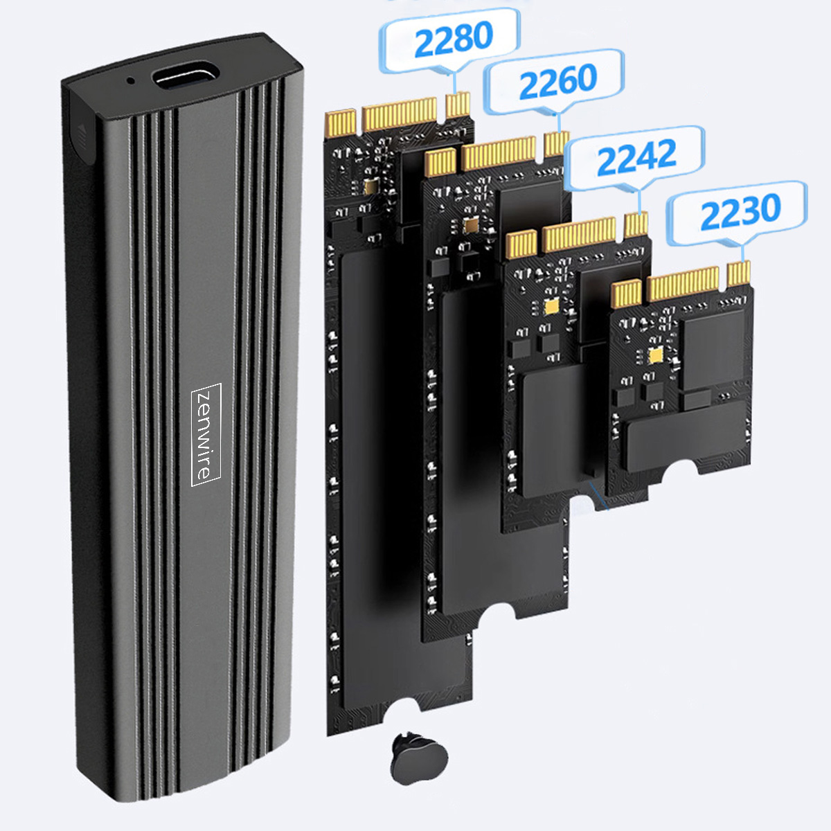 Czarny dysk SSD i jego wewnętrzne komponenty z etykietami. Tekst zenwire jest widoczny na dysku.