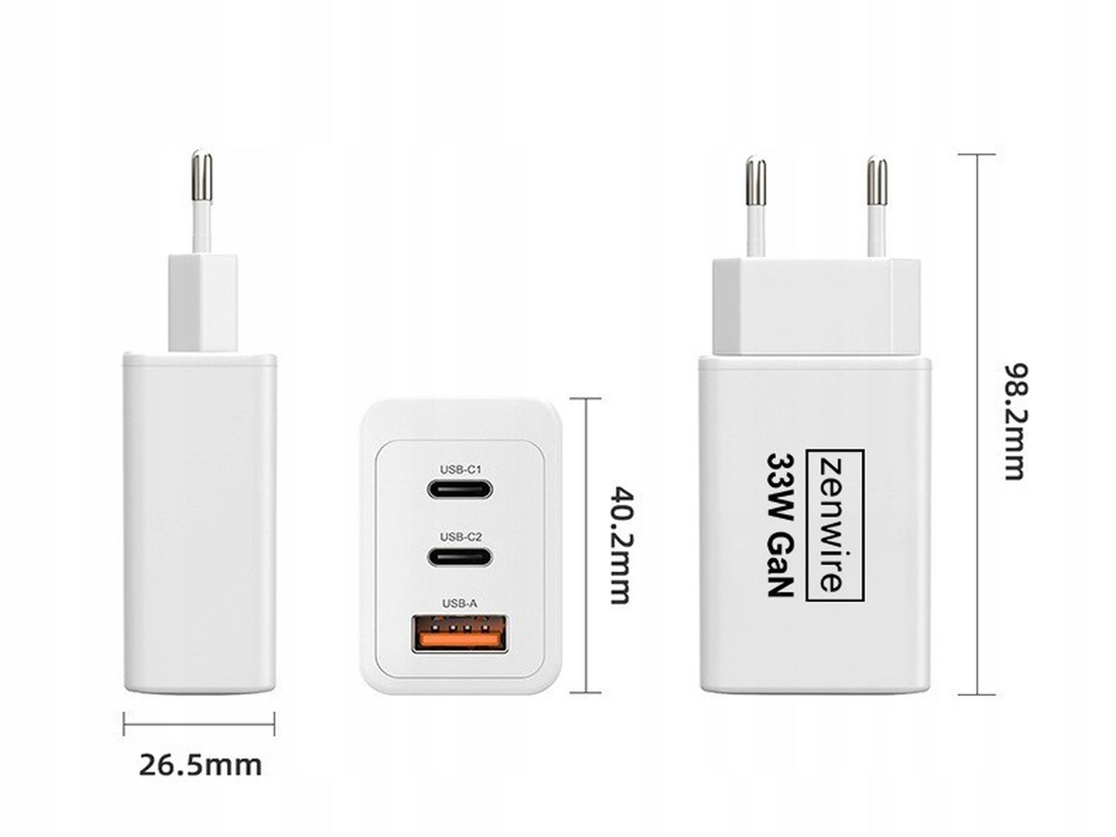 Trzy widoki białej ładowarki. Wymiary są pokazane. Ładowarka ma 2 porty USB i napis zenwire.