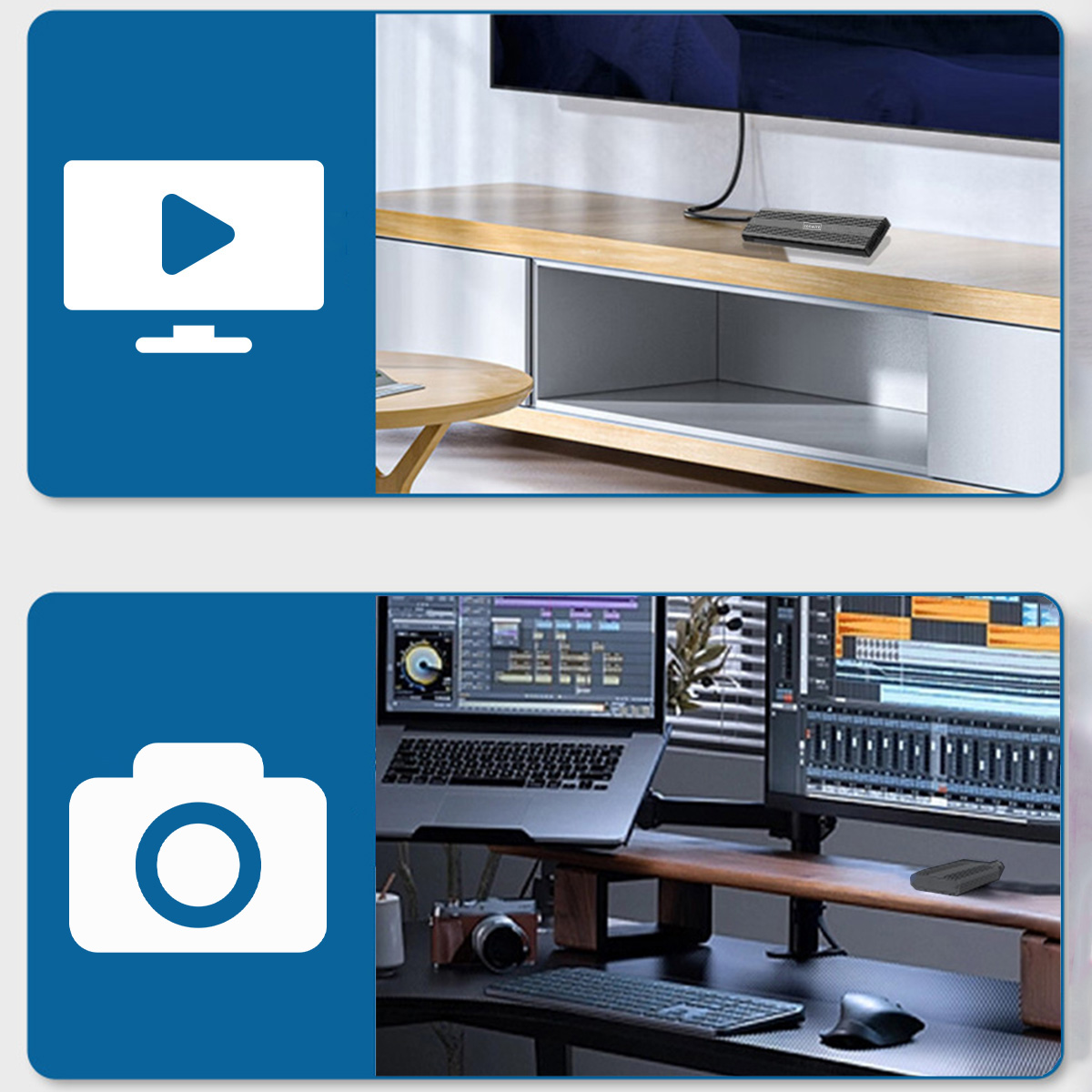 Ikony ekranu telewizora i aparatu fotograficznego, z dyskiem SSD w tle. Różne tła.
