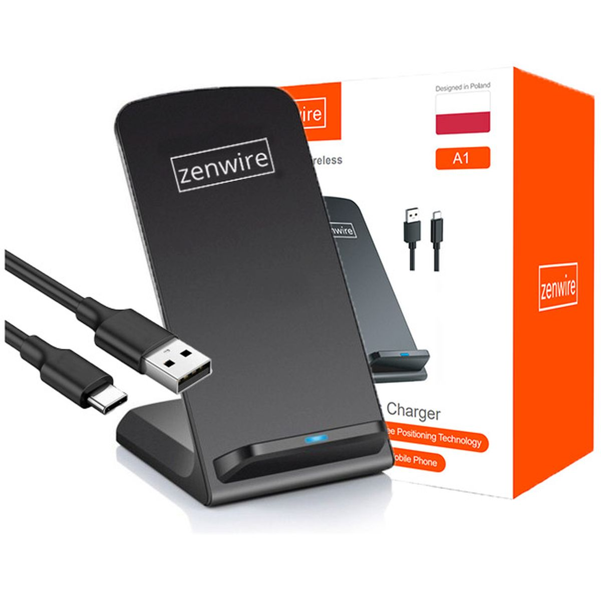 Czarna ładowarka bezprzewodowa "zenwire" z kablami i pudełkiem. Pudełko ma flagę i etykietę A1.