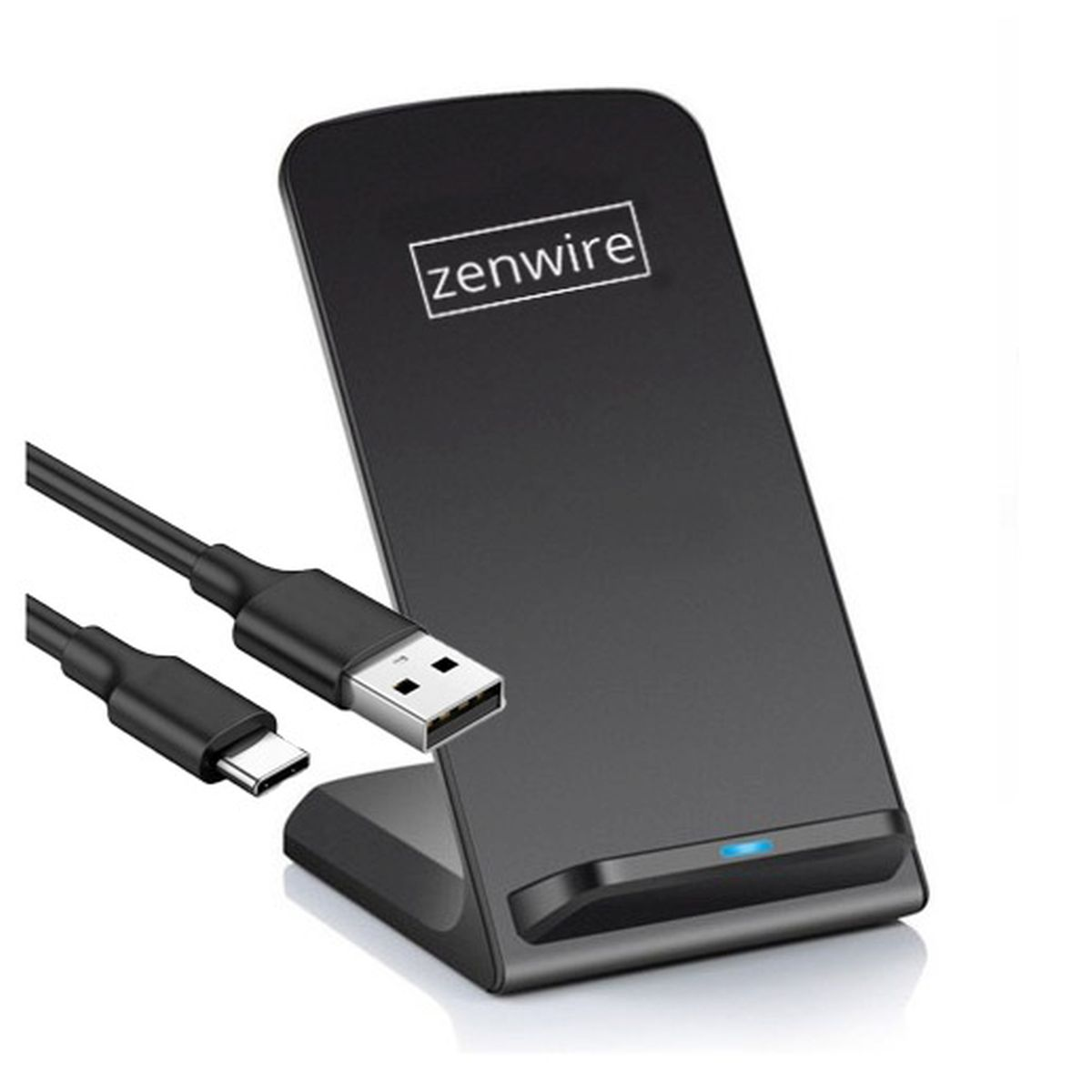 Czarna ładowarka bezprzewodowa "zenwire" z kablami USB i Type-C. Stoi pionowo.